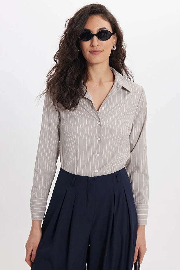 Women's Slim Fit Long Sleeve Striped Beige Shirt