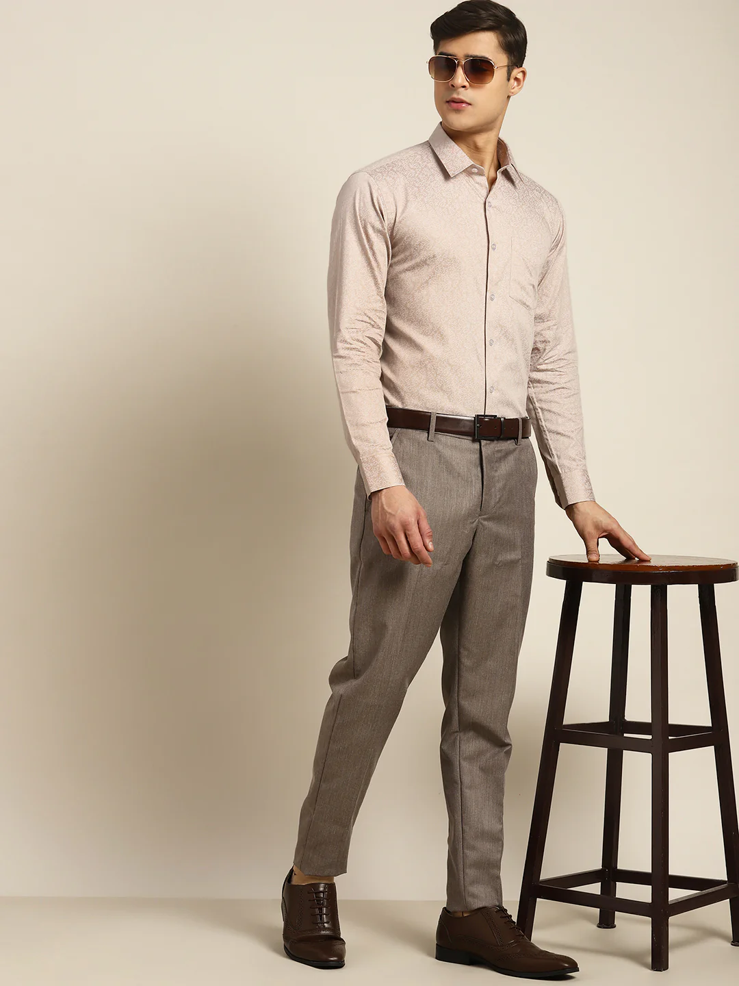 Men Cream Print Pure Cotton Slim fit Party Shirt