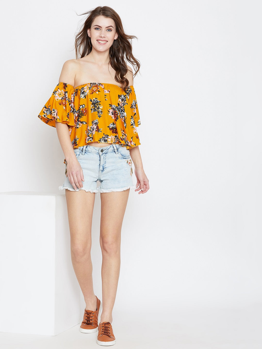 Folk Republic Women Mustard & Green Floral Printed Off-Shoulder Neck Ruffled Crop Bardot Top Folk Republic