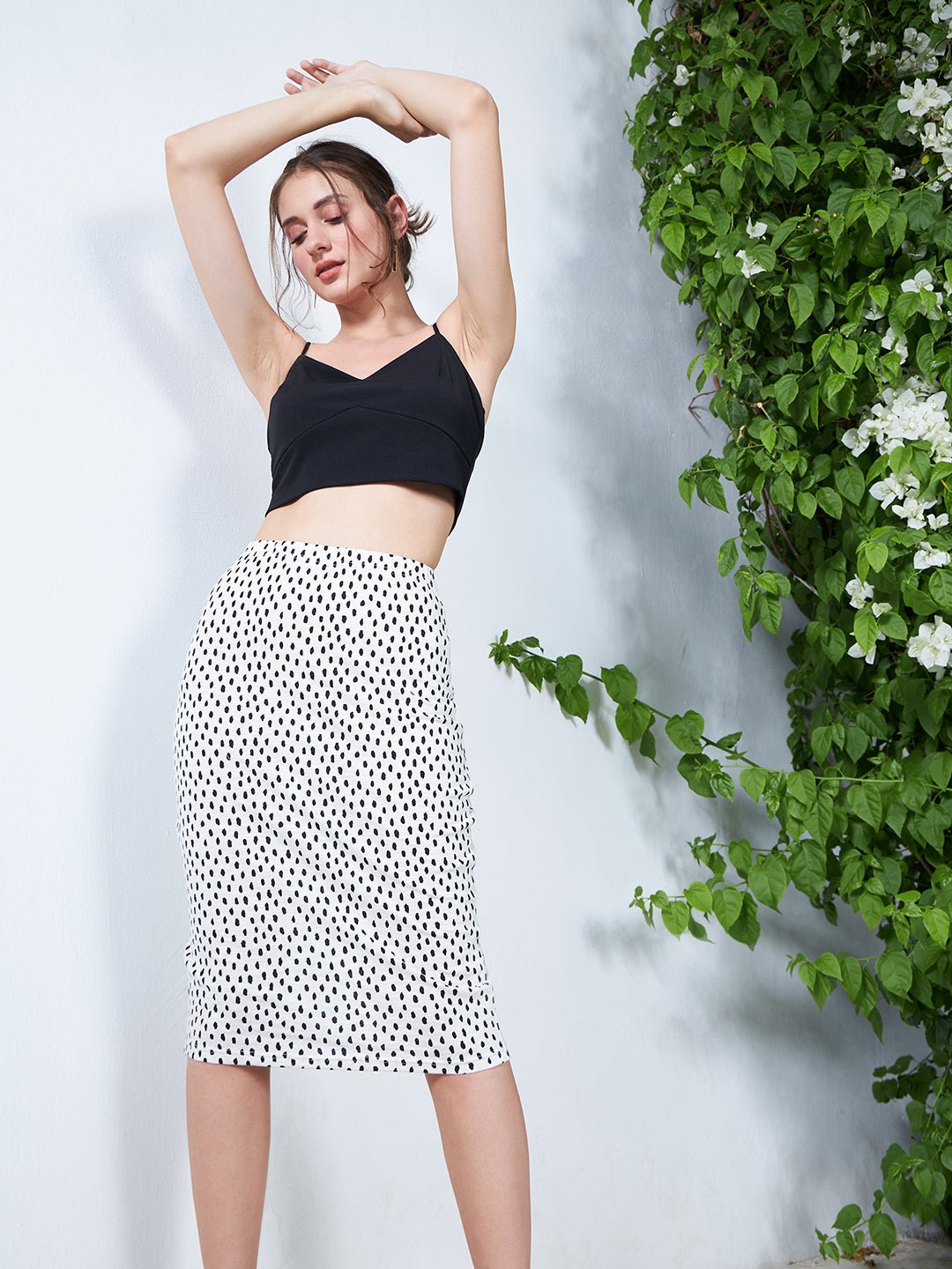 Folk Republic Women Beige & Black Stroke Dot Printed Elastic Waist Cotton Blend Back-Slit Straight Hem Knitted Midi Skirt - #folk republic#