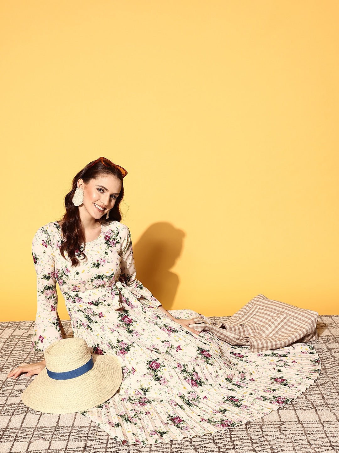 Folk Republic Women Beige & Pink Floral Printed Round Neck Waist Tie-Up Crepe Flared Maxi Dress - #folk republic#