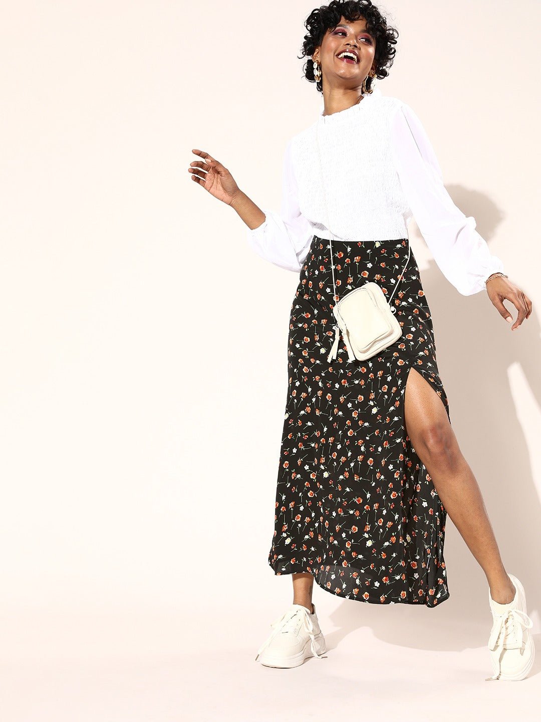 Folk Republic Women Black Ditsy Floral Printed Thigh-High Slit Straight Midi Pencil Skirt - #folk republic#