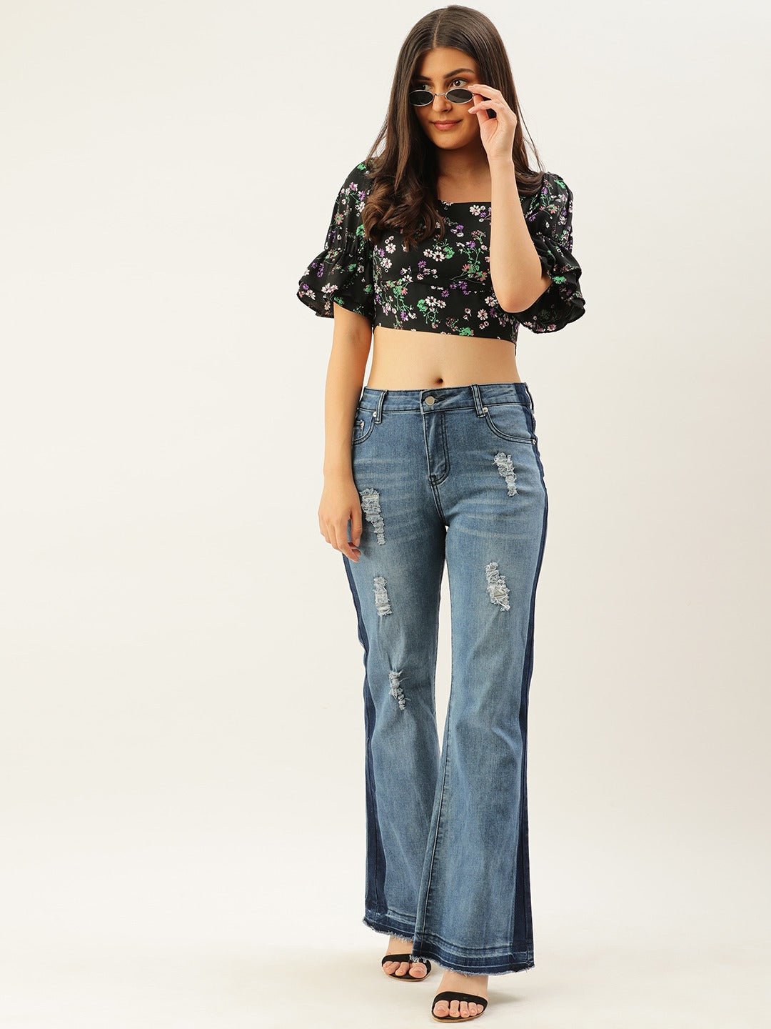 Folk Republic Women Black Floral Printed Square-Neck Ruffled Crop Top - #folk republic#