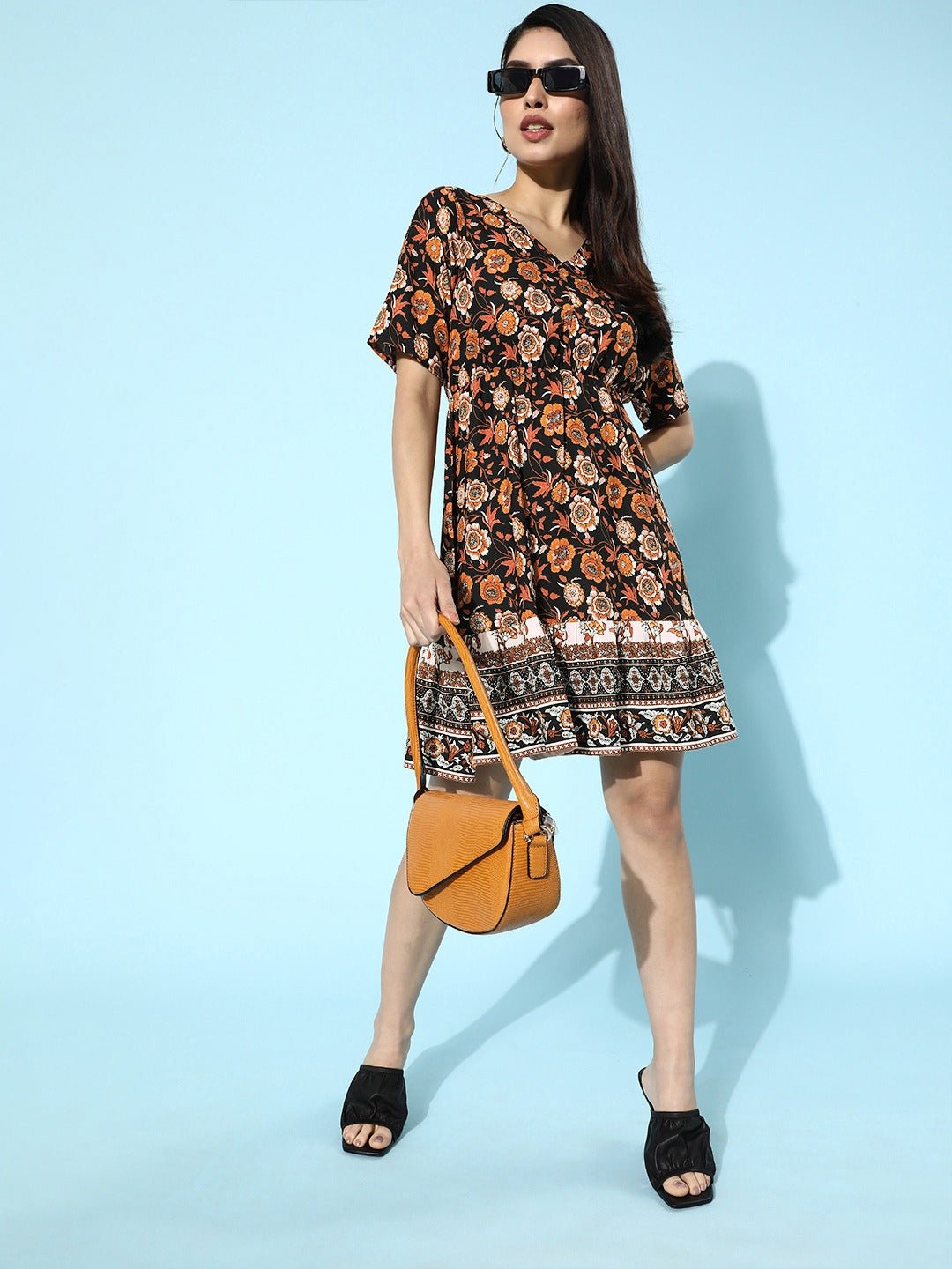 Folk Republic Women Black Floral Printed V-Neck A-Line Mini Dress - #folk republic#