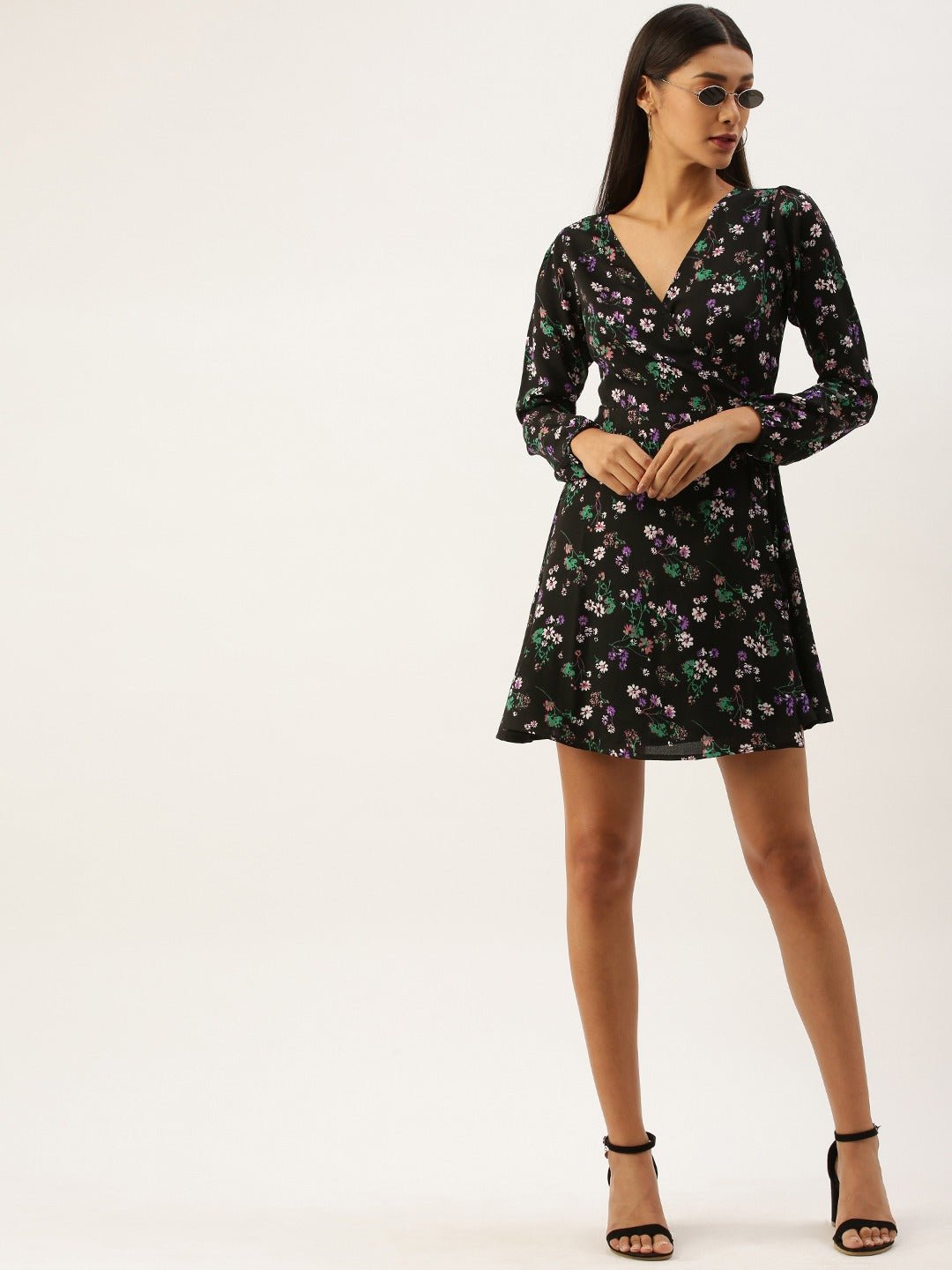 Folk Republic Women Black Floral Printed V-Neck Wrap Mini Dress - #folk republic#