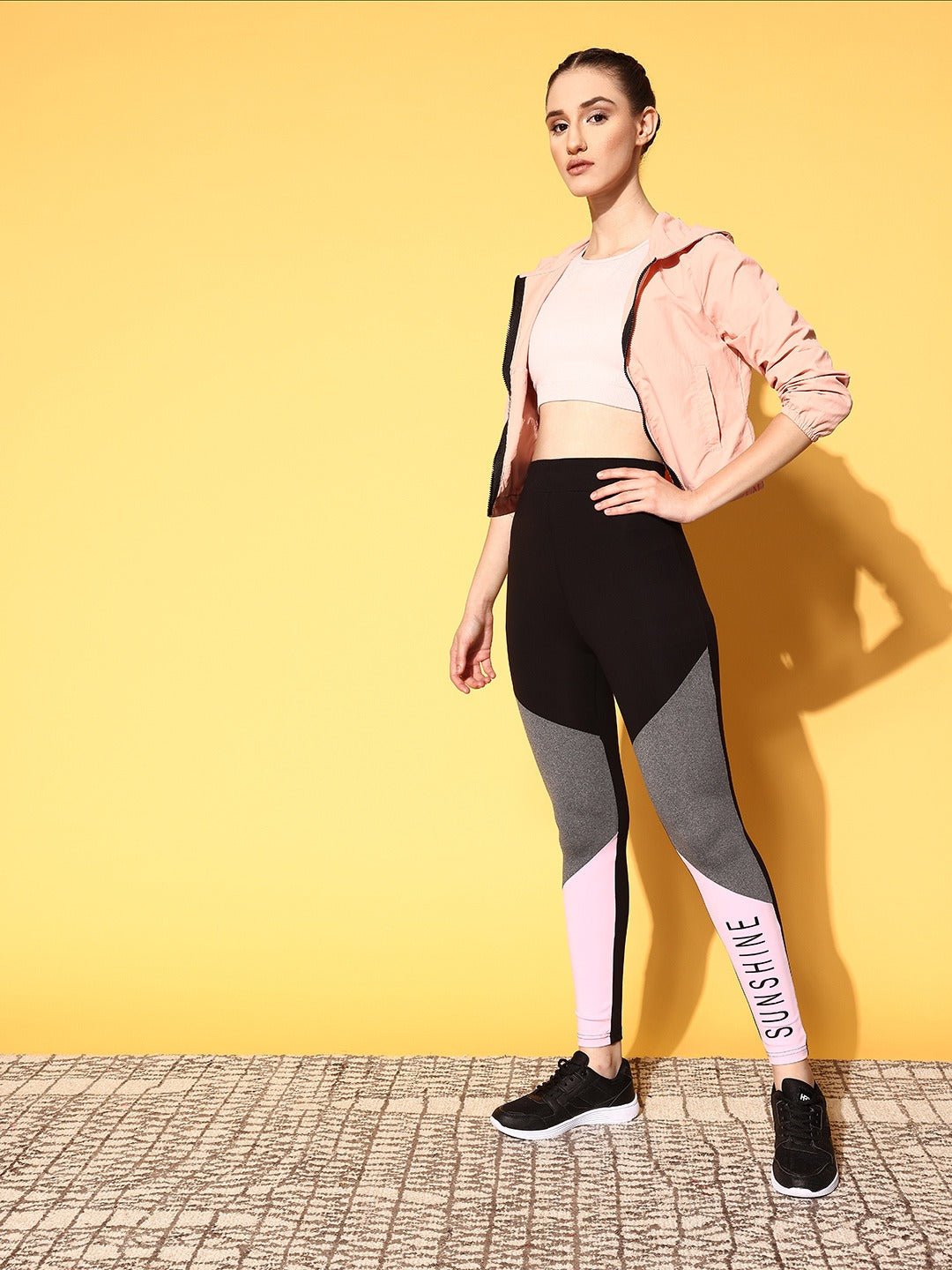 Folk Republic Women Black, Grey, & Pink Colourblock Pattern Elastic High-Rise Waist Slip-On Regular Sports Tights - #folk republic#
