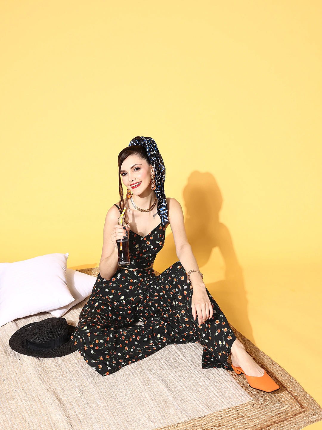 Folk Republic Women Black & Orange Floral Printed V-Neck Crop Top & Side-Slit Trousers Co-Ord Set - #folk republic#