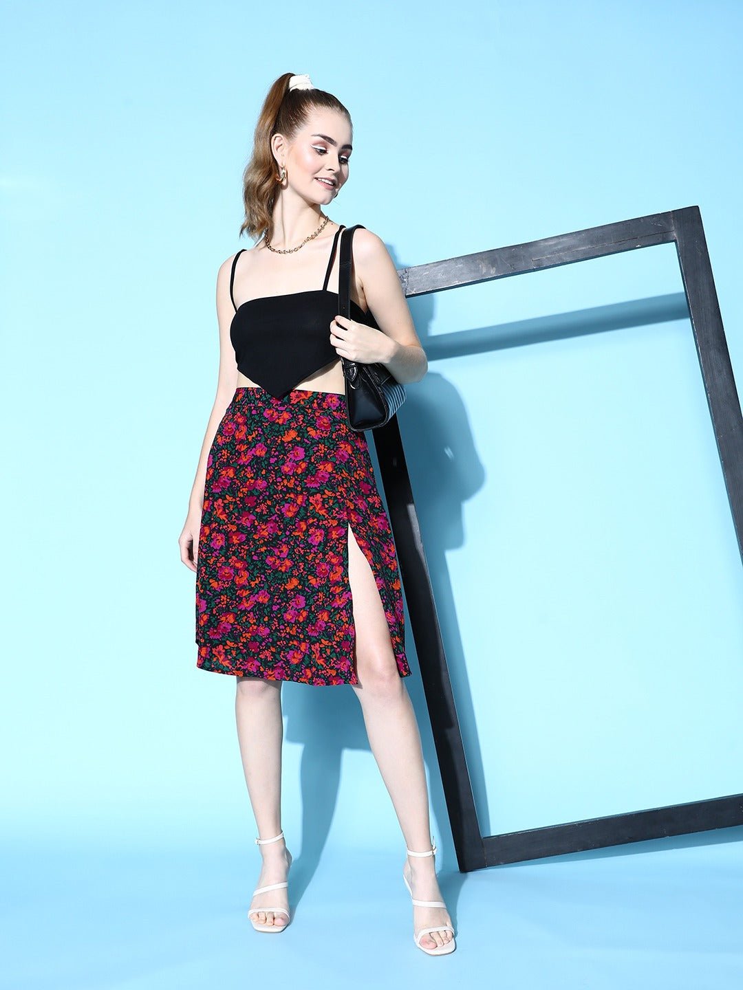 Folk Republic Women Black & Pink Floral Printed Thigh-High Slit Flared A-Line Midi Skirt - #folk republic#