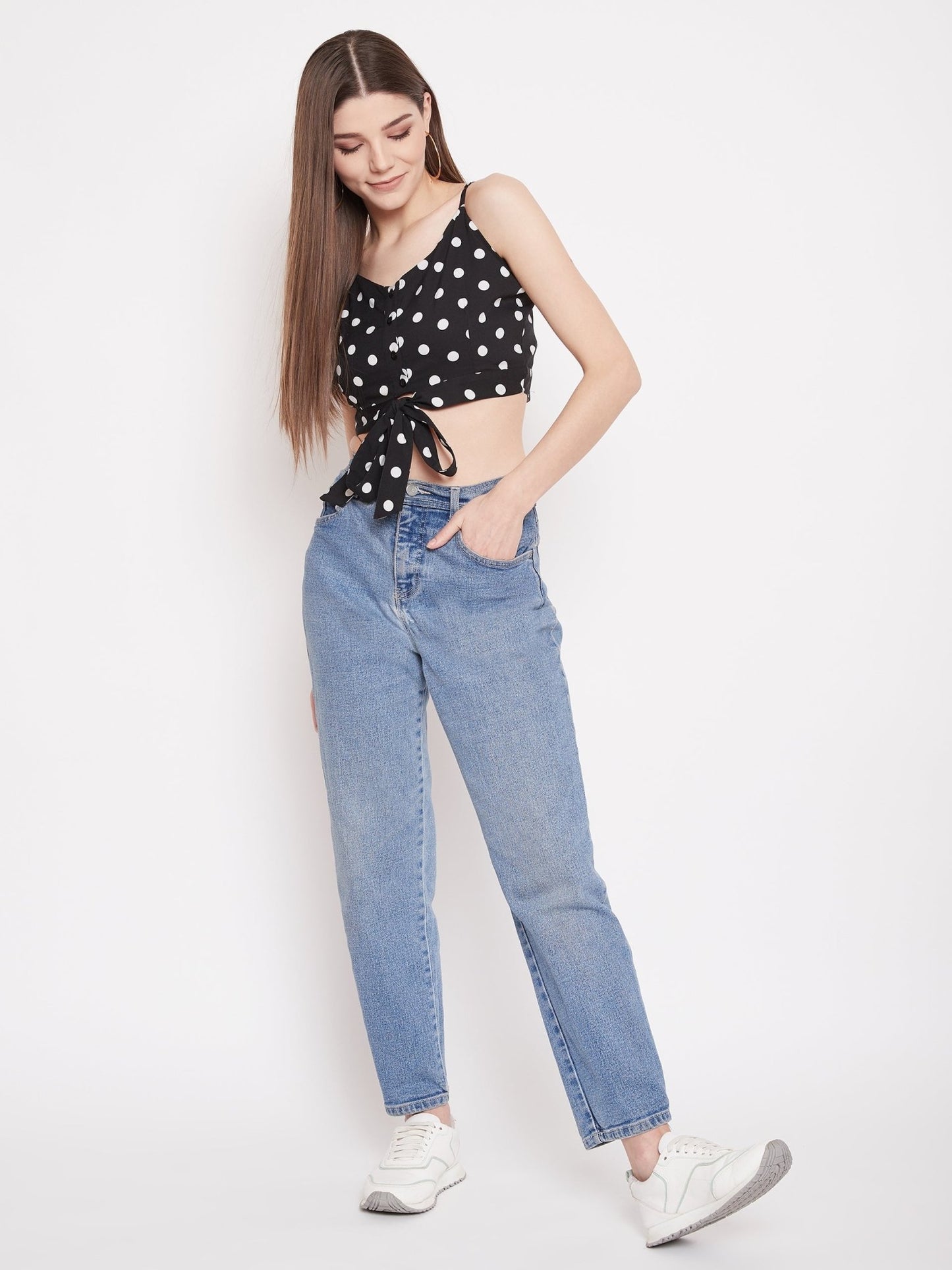 Folk Republic Women Black Polka Dot Printed Crop Top - #folk republic#