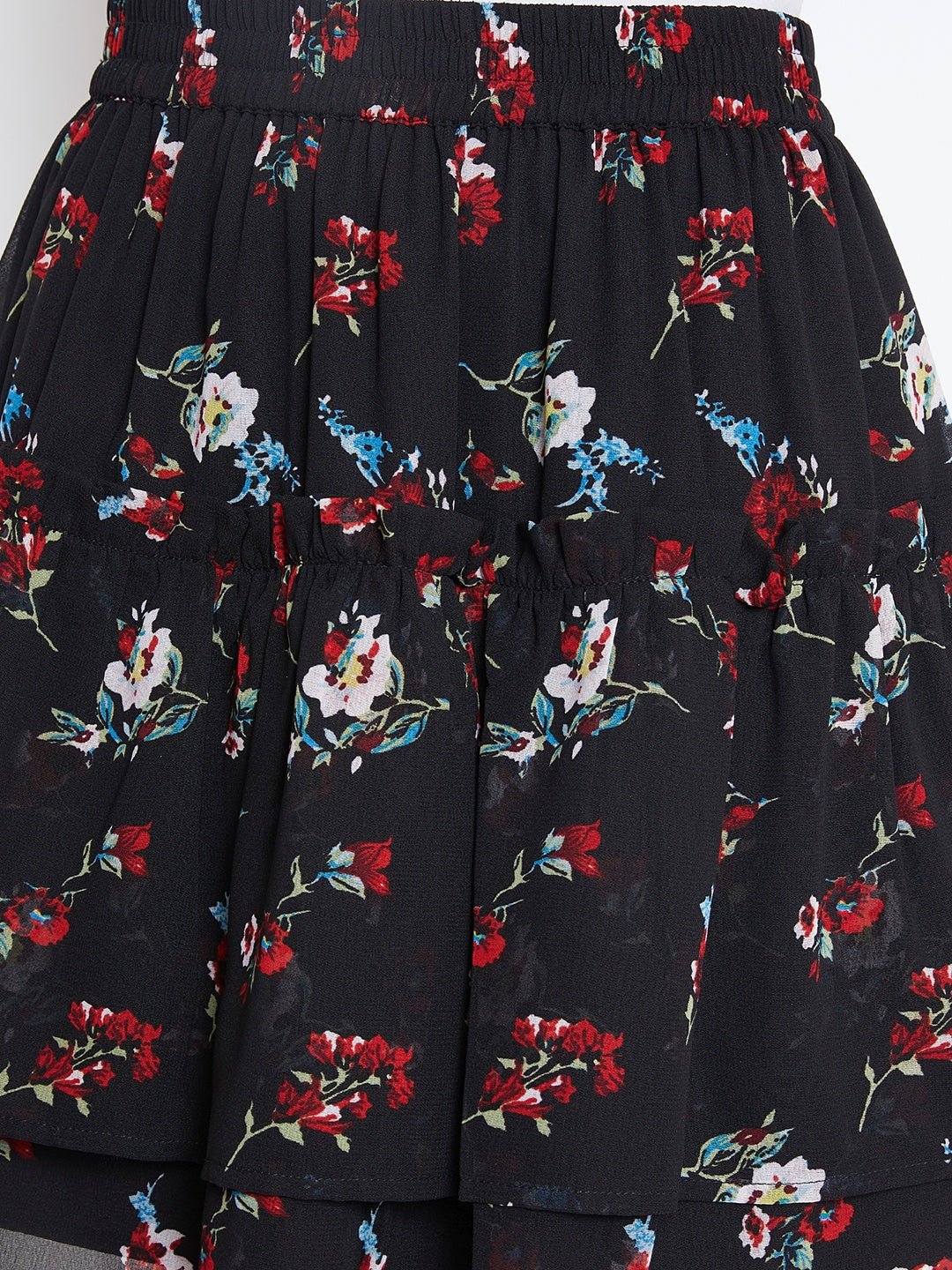 Folk Republic Women Black & Red Floral Print Layered Slip-On Mini Skirt - #folk republic#