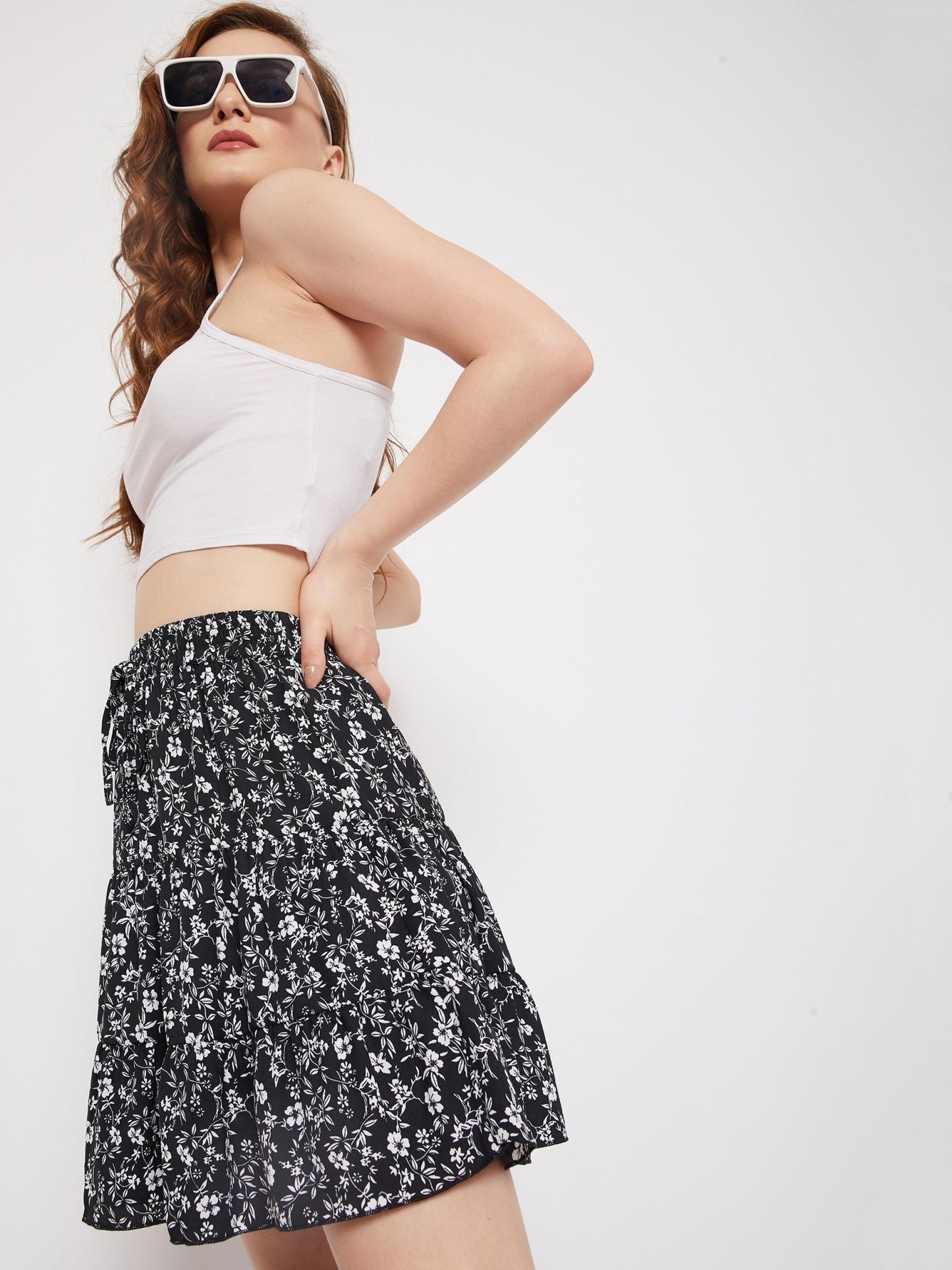 Folk Republic Women Black & White Floral Printed Tie Elastic Waist Flared A-Line Mini Skirt - #folk republic#