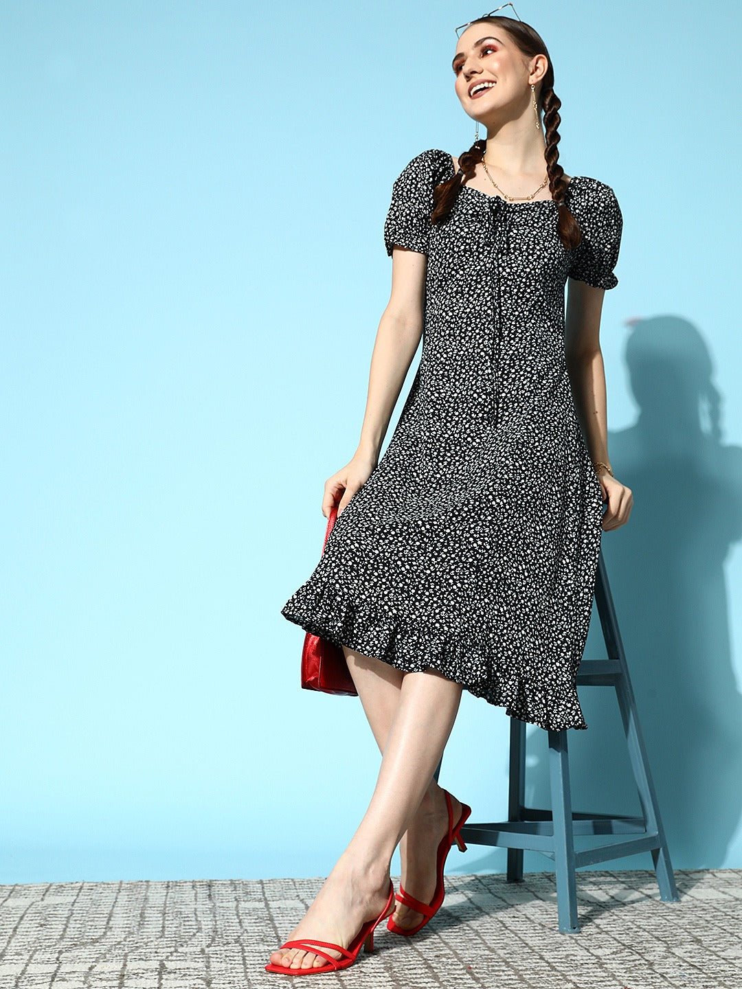 Folk Republic Women Black & White Floral Printed Tie-Up Neck Flounce Hem Pleated A-Line Midi Dress - #folk republic#