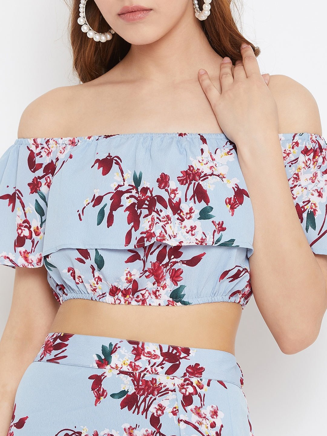 Folk Republic Women Blue Floral Printed Off-Shoulder Thigh-High Slit Co-Ordinate Maxi Dress - #folk republic#