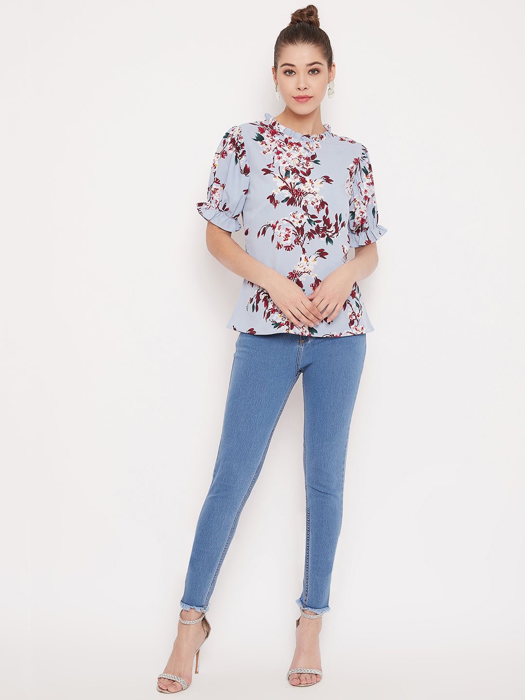Folk Republic Women Blue Floral Printed Round High Neck Top - #folk republic#