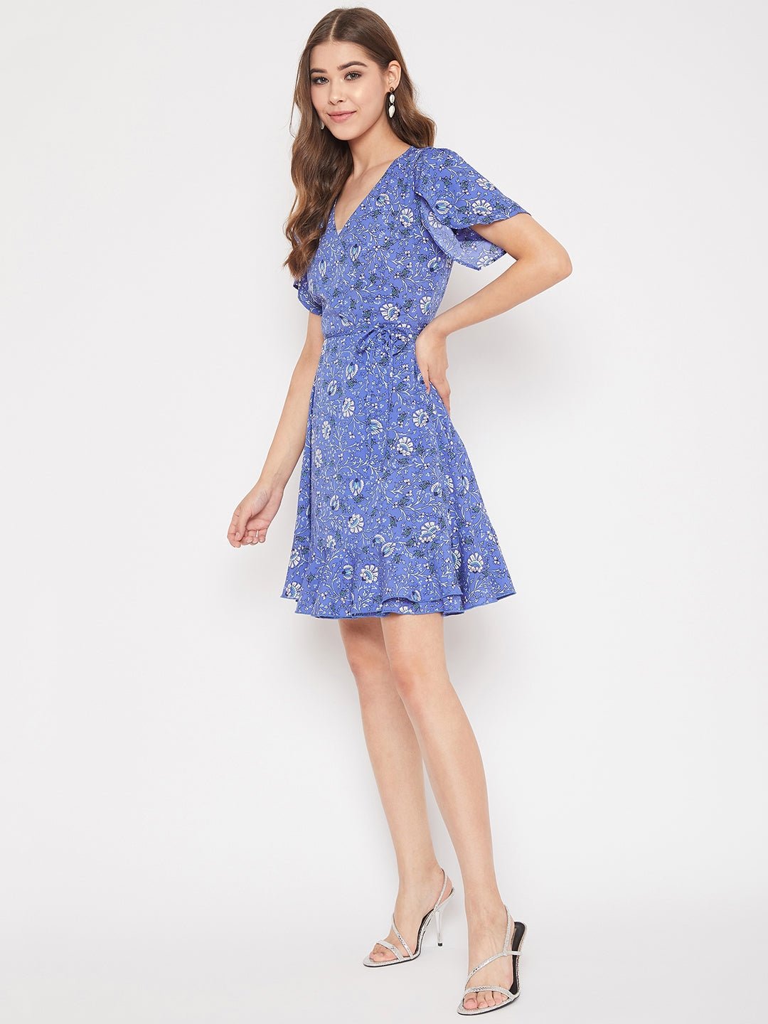 Folk Republic Women Blue Floral Printed V-Neck Waist Tie-Up Mini Dress - #folk republic#