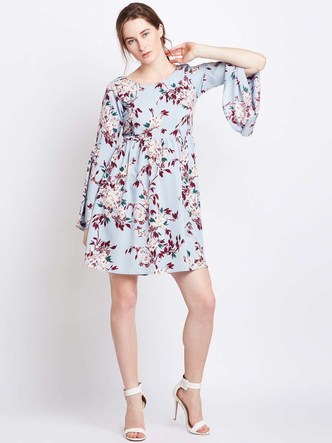Folk Republic Women Blue & Maroon Floral Printed Round Neck Flared A-Line Mini Dress - #folk republic#