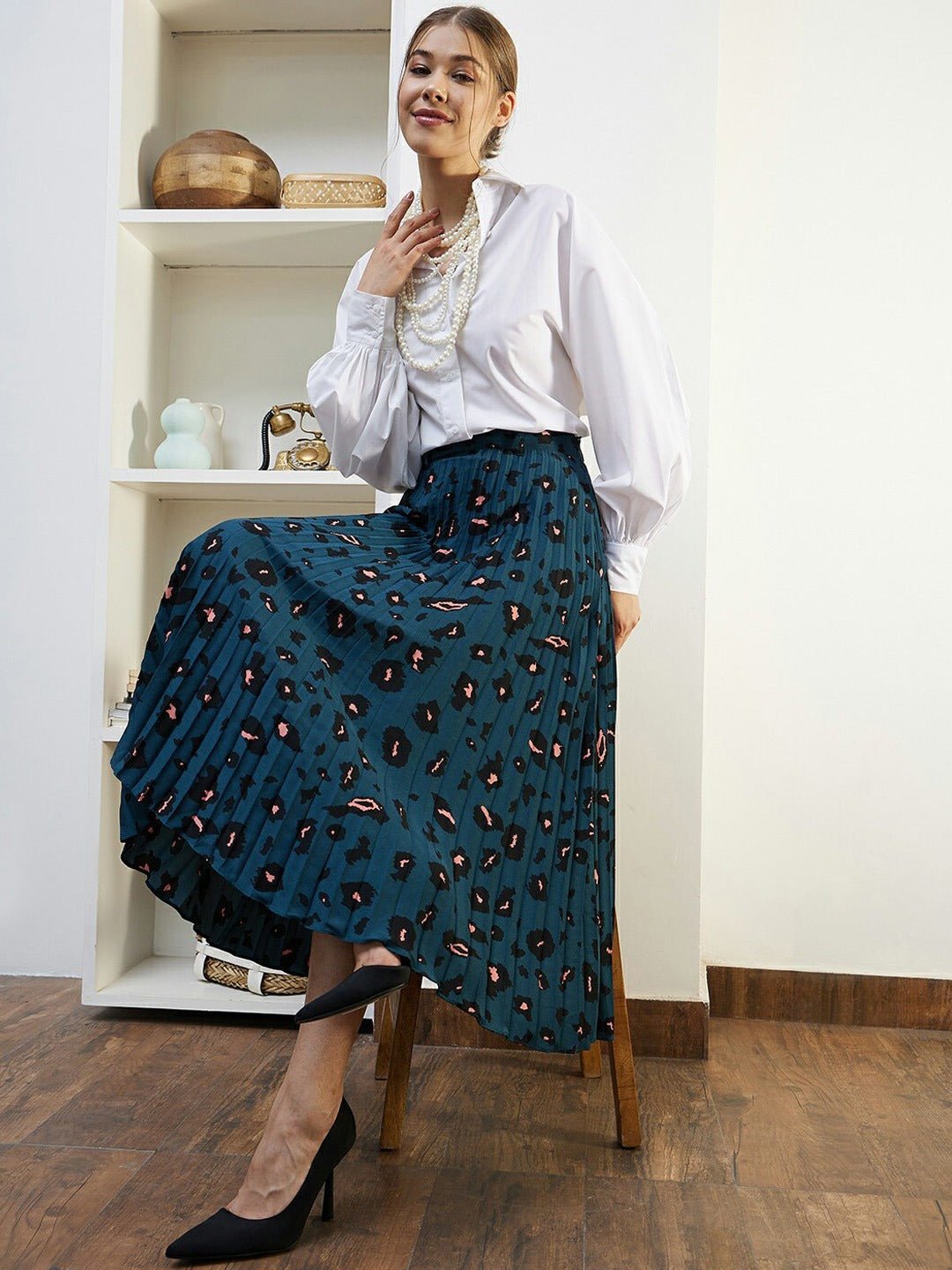 Folk Republic Women Blue & Orange Animal Printed Elastic Waist Slip-On Accordion Pleated A-Line Midi Skirt - #folk republic#