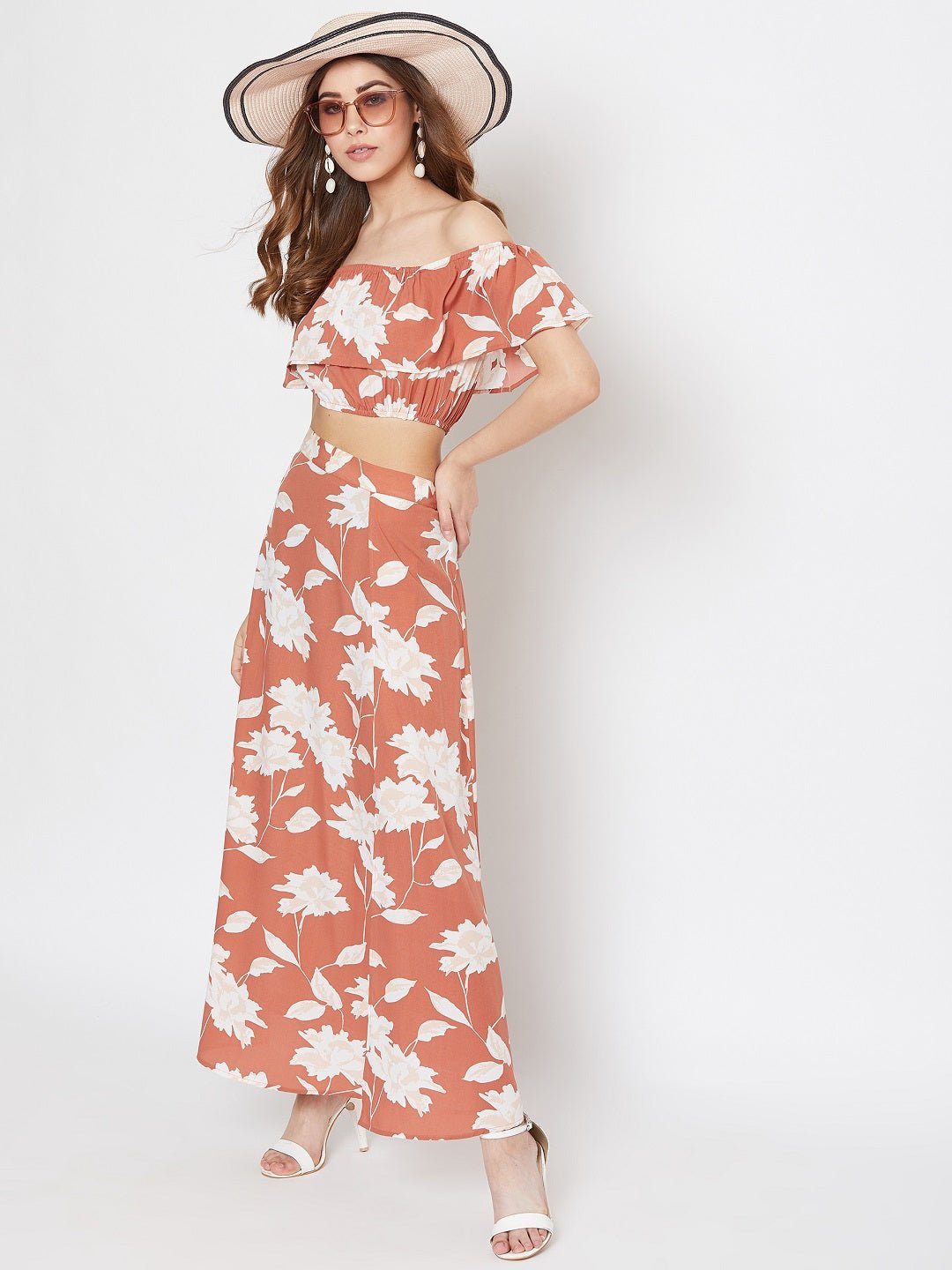 Folk Republic Women Brown Floral Printed Off-Shoulder Co-Ordinate Maxi Dress - #folk republic#