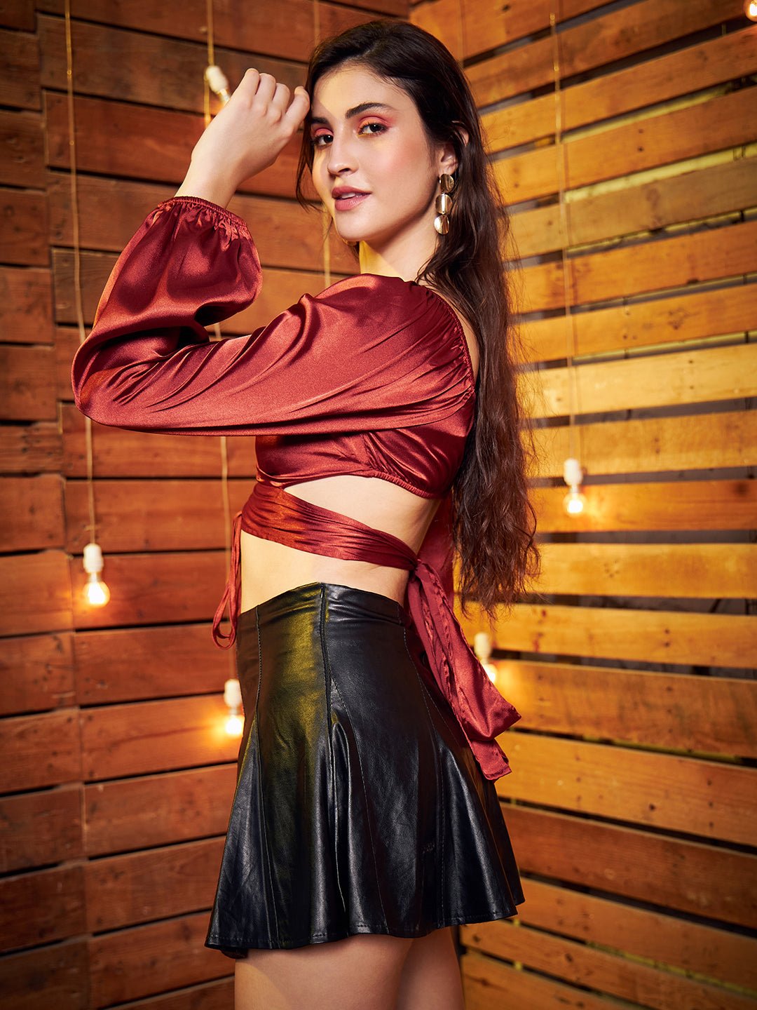 Folk Republic Women Brown Sweetheart Neck Drawstring Ruched Tie Back Crop Satin Blouse - #folk republic#