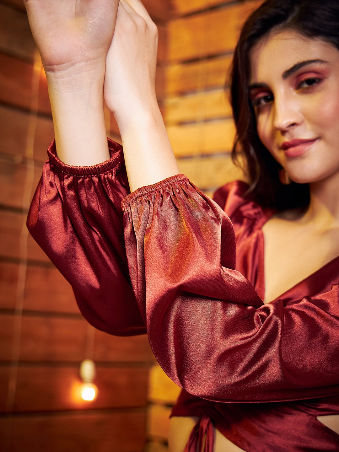Folk Republic Women Brown Sweetheart Neck Drawstring Ruched Tie Back Crop Satin Blouse - #folk republic#