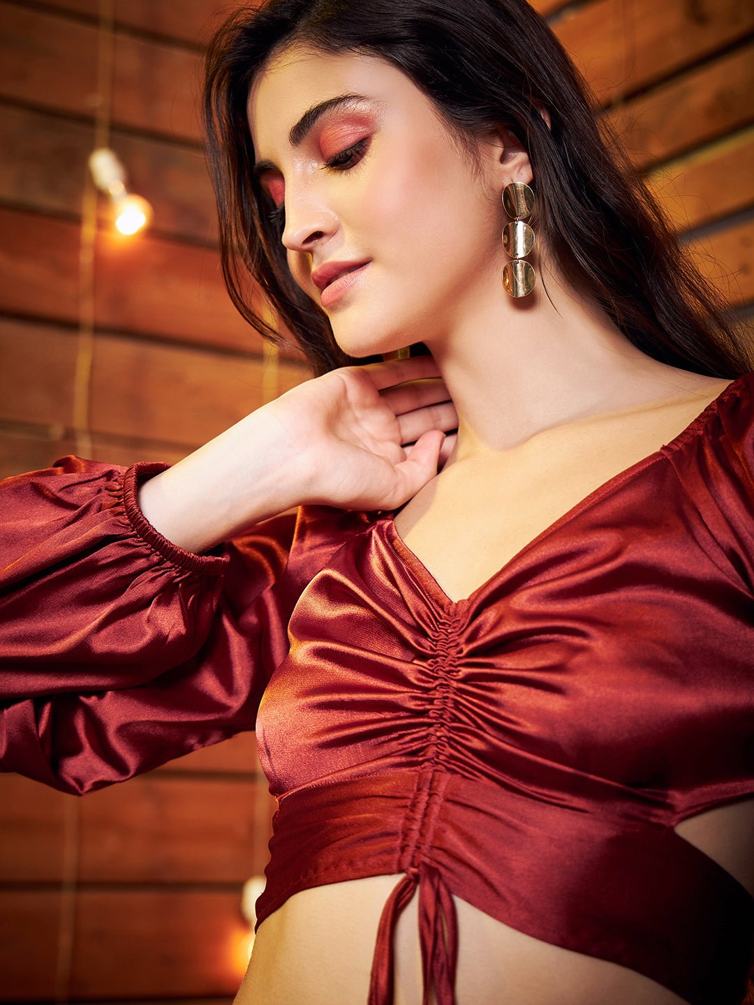 Folk Republic Women Brown Sweetheart Neck Drawstring Ruched Tie Back Crop Satin Blouse - #folk republic#