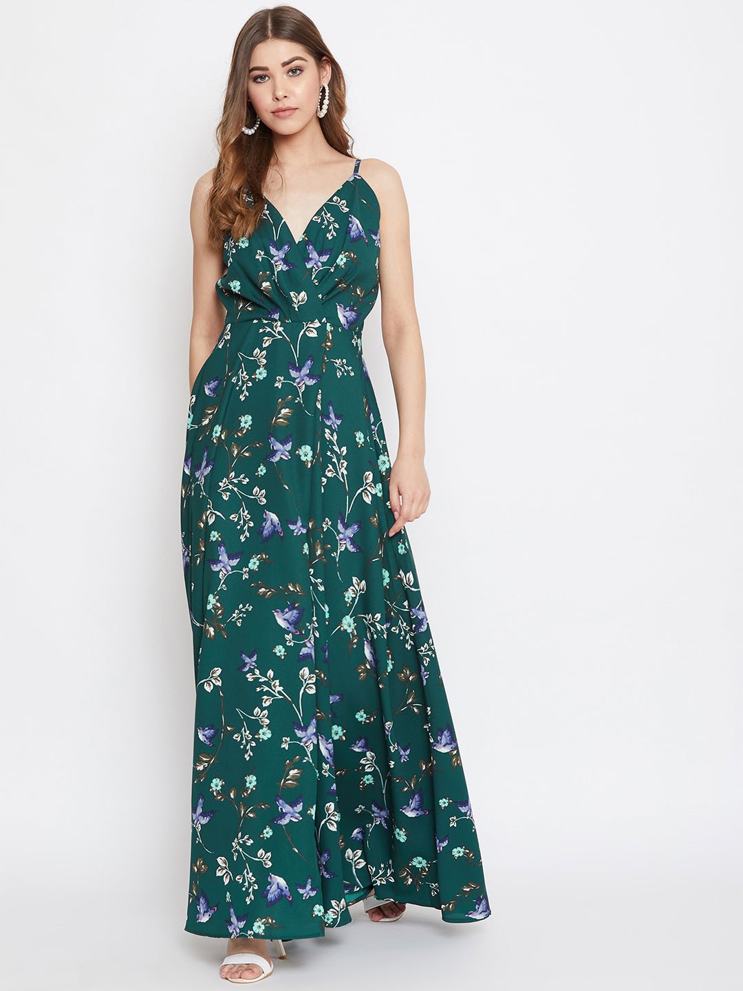Folk Republic Women Dark Green & Off-White Floral Printed V-Neck Thigh-High Slit Fit & Flare Maxi Dress - #folk republic#