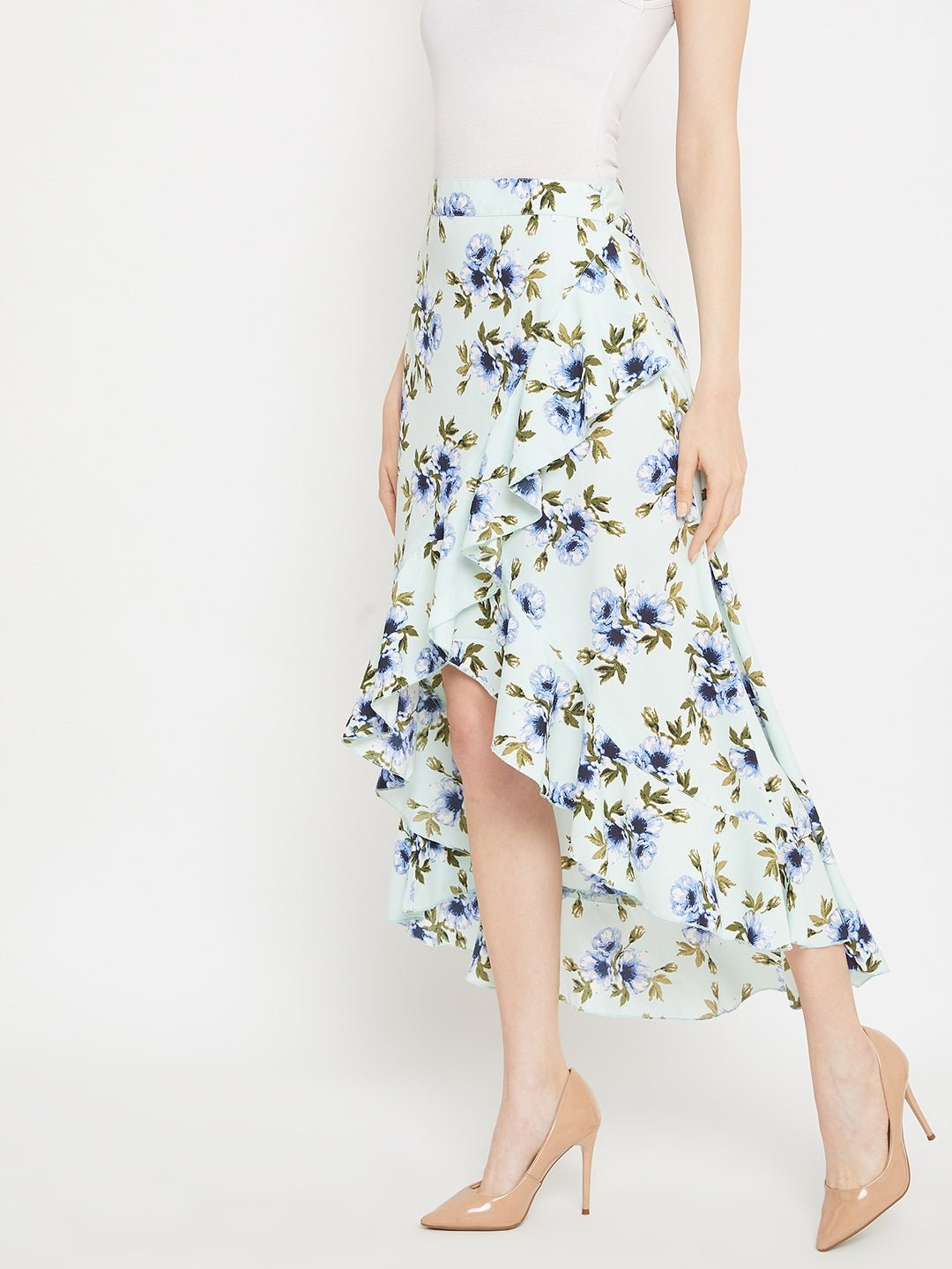 Folk Republic Women Green Floral Print High-Low Wrap Midi Skirt - #folk republic#