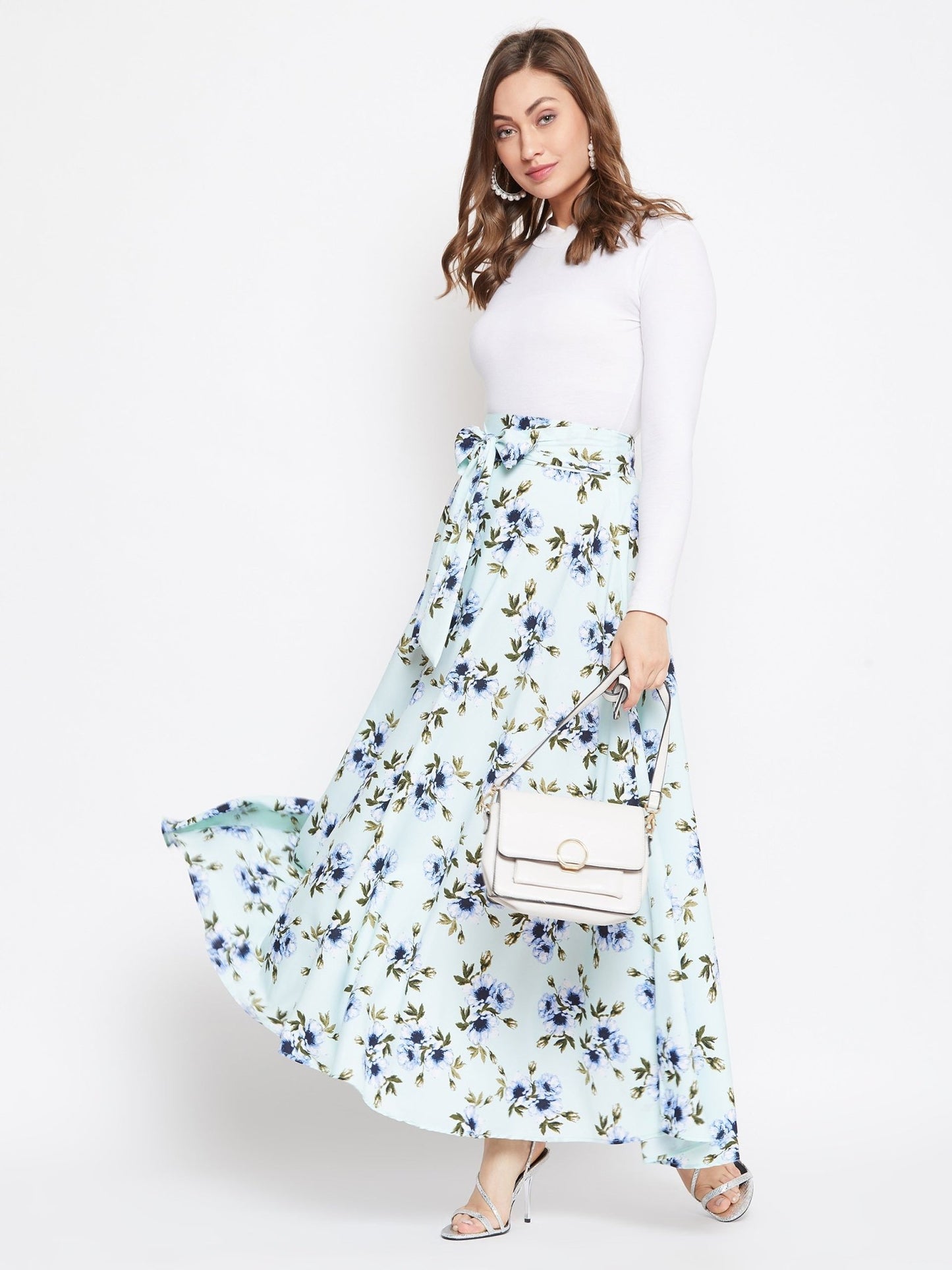Folk Republic Women Green Floral Printed Flared Tie-Up Maxi Skirt - #folk republic#