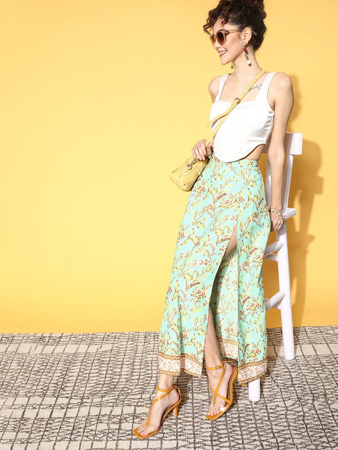 Folk Republic Women Green Floral Printed High-Rise Waist Side-Slit Flared A-Line Midi Skirt - #folk republic#