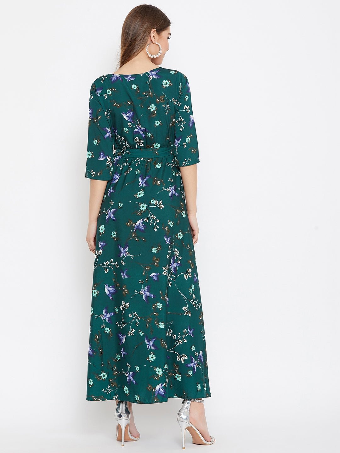 Folk Republic Women Green Floral Printed V-Neck A-Line Maxi Dress - #folk republic#