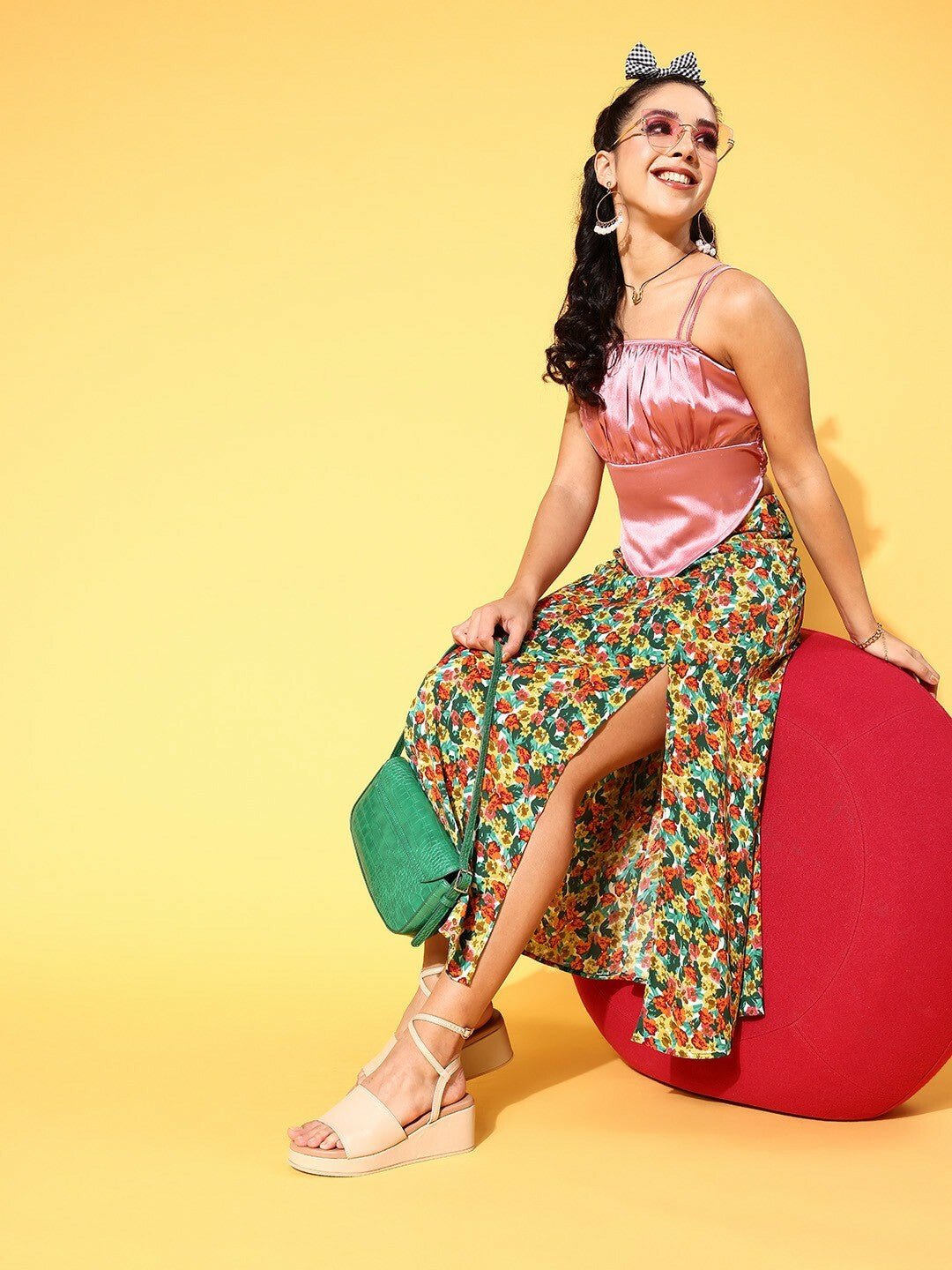 Folk Republic Women Green & Red Floral Printed Thigh-High Slit Flared A-Line Midi Skirt - #folk republic#