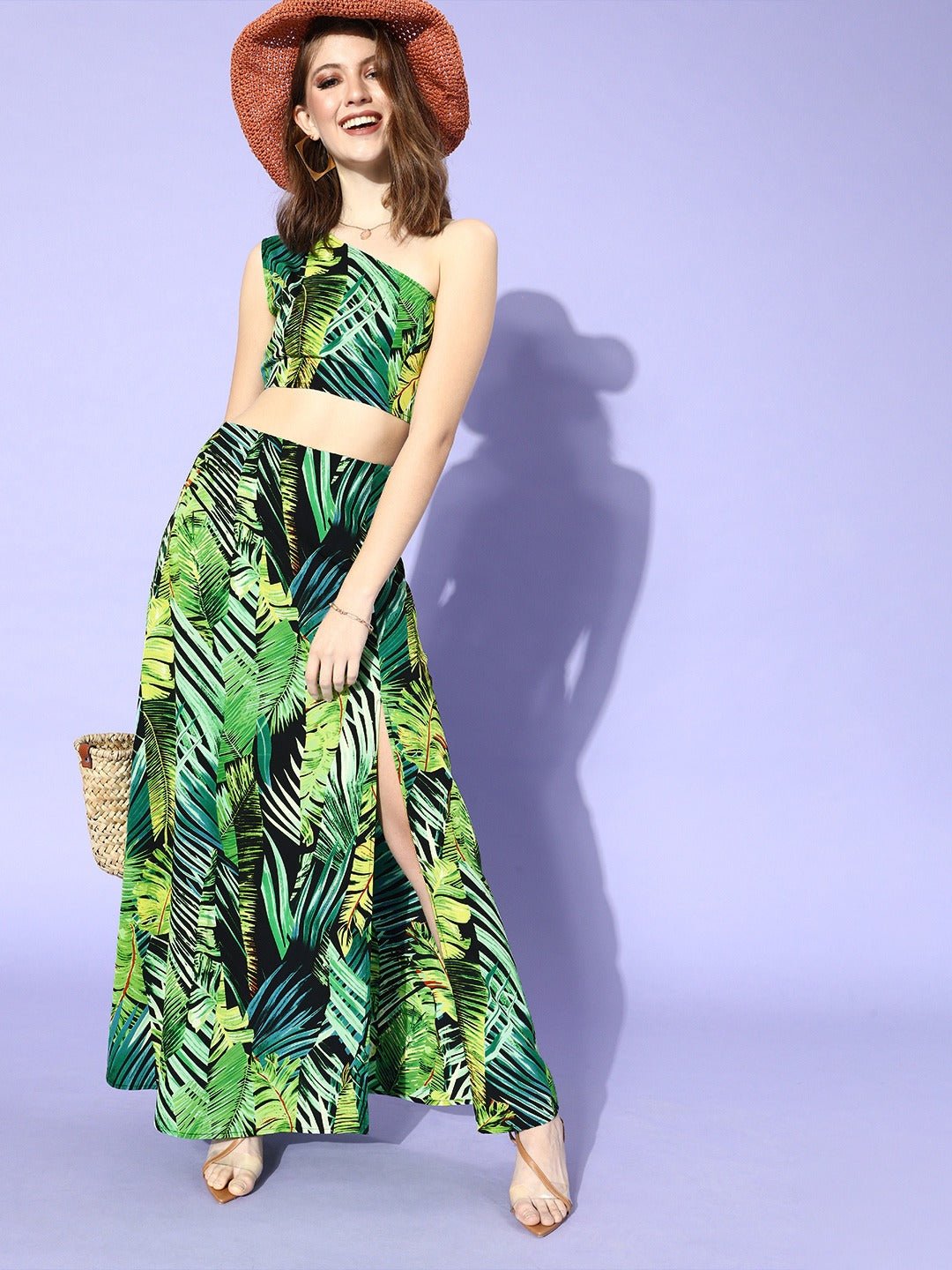 Folk Republic Women Green Tropical Printed One Shoulder Co-Ordinate Dress - #folk republic#