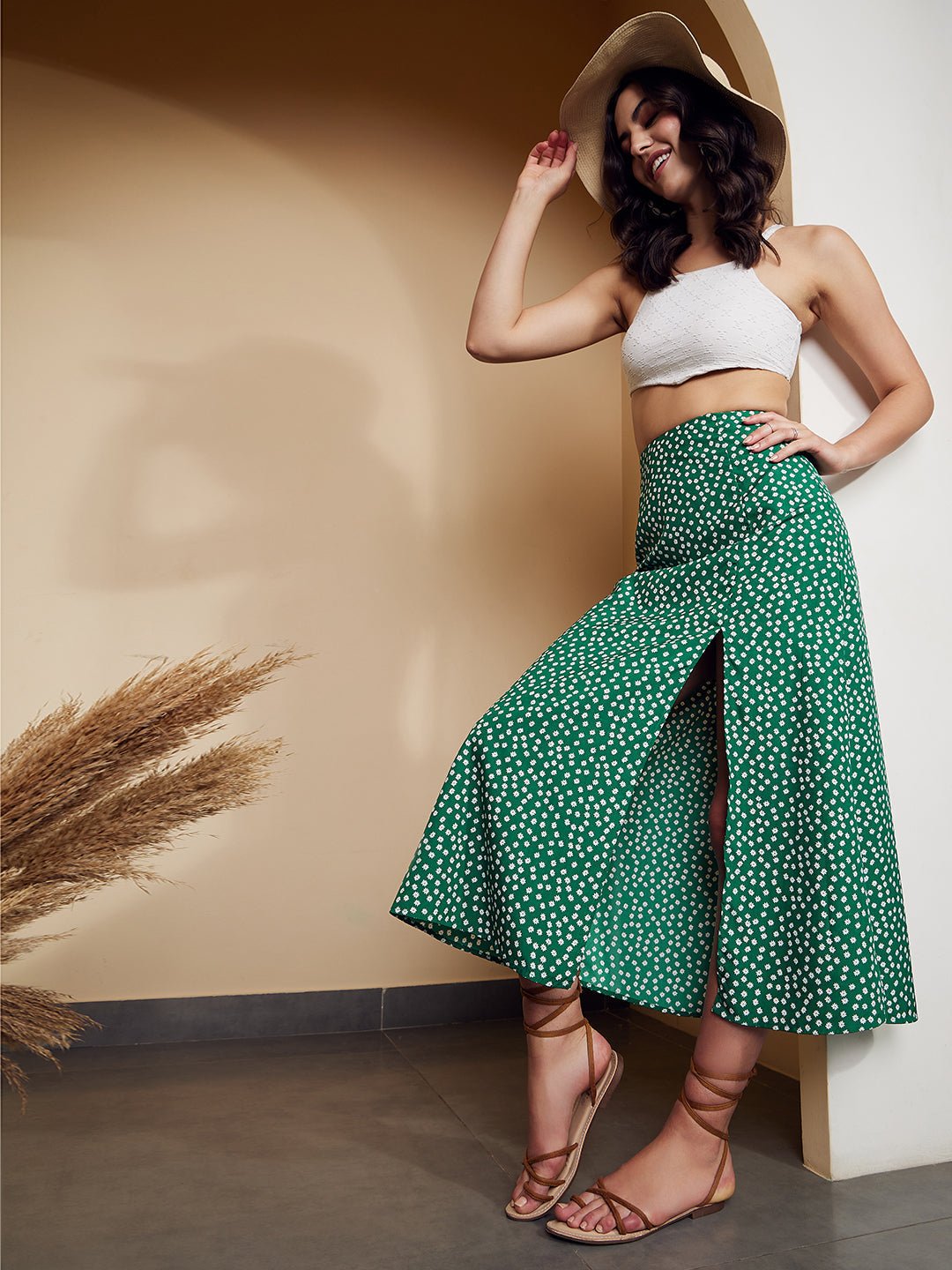 Folk Republic Women Green & White Floral Printed High-Rise Waist Thigh-High Slit Flared A-Line Maxi Skirt - #folk republic#
