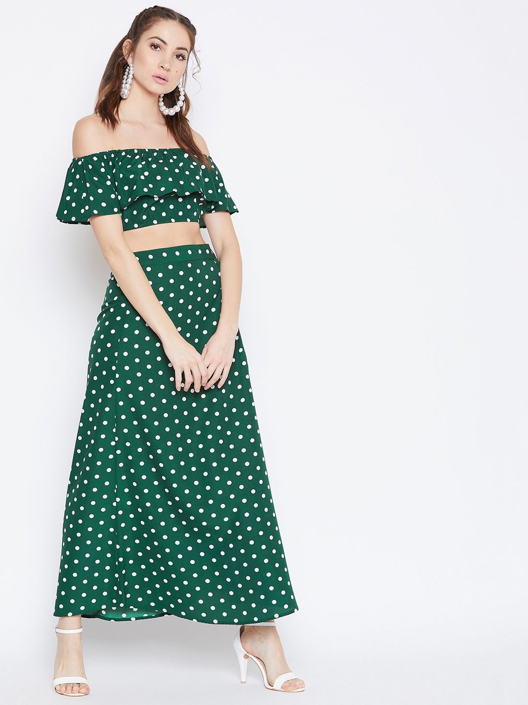 Folk Republic Women Green & White Polka Dot Printed Off-Shoulder Co-Ordinate Maxi Dress - #folk republic#