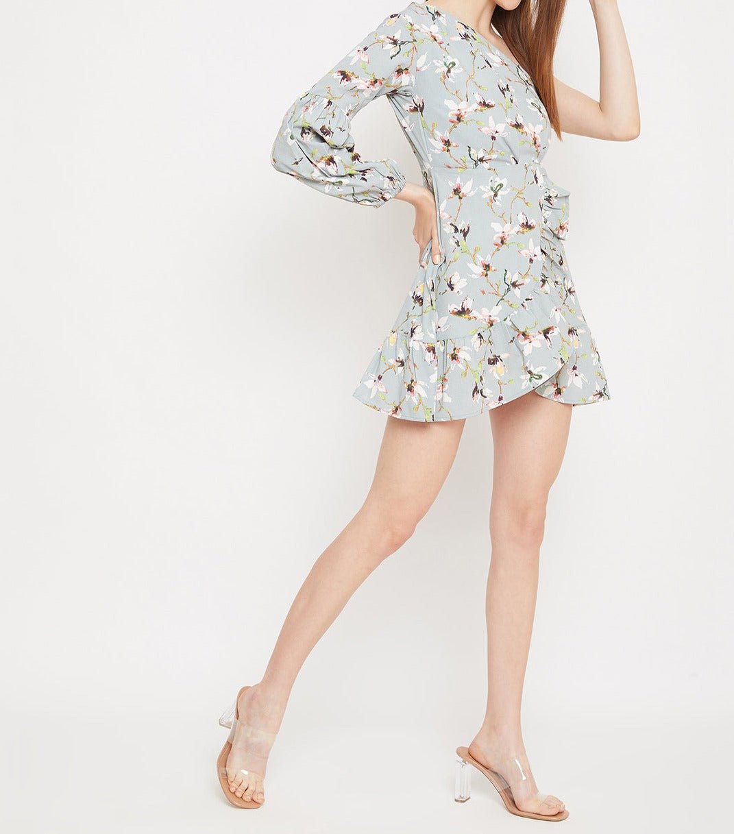 Folk Republic Women Grey Floral One-Shoulder Fit & Flare Mini Dress - #folk republic#
