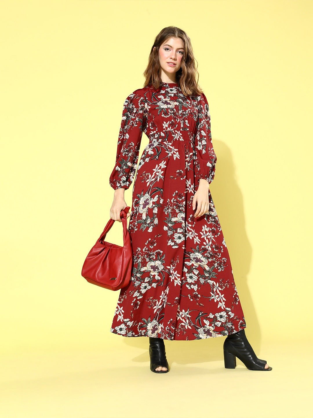Folk Republic Women Maroon Floral Printed Mock Neck A-Line Maxi Dress - #folk republic#