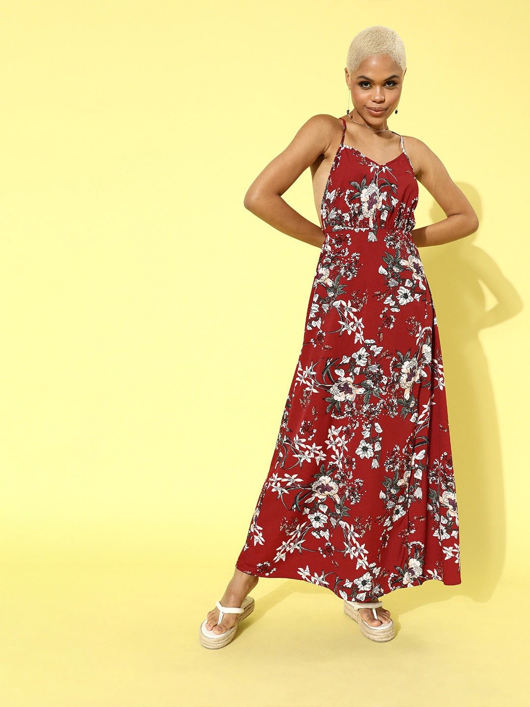 Folk Republic Women Maroon & Multicoloured Floral Printed Backless Maxi Dress - #folk republic#