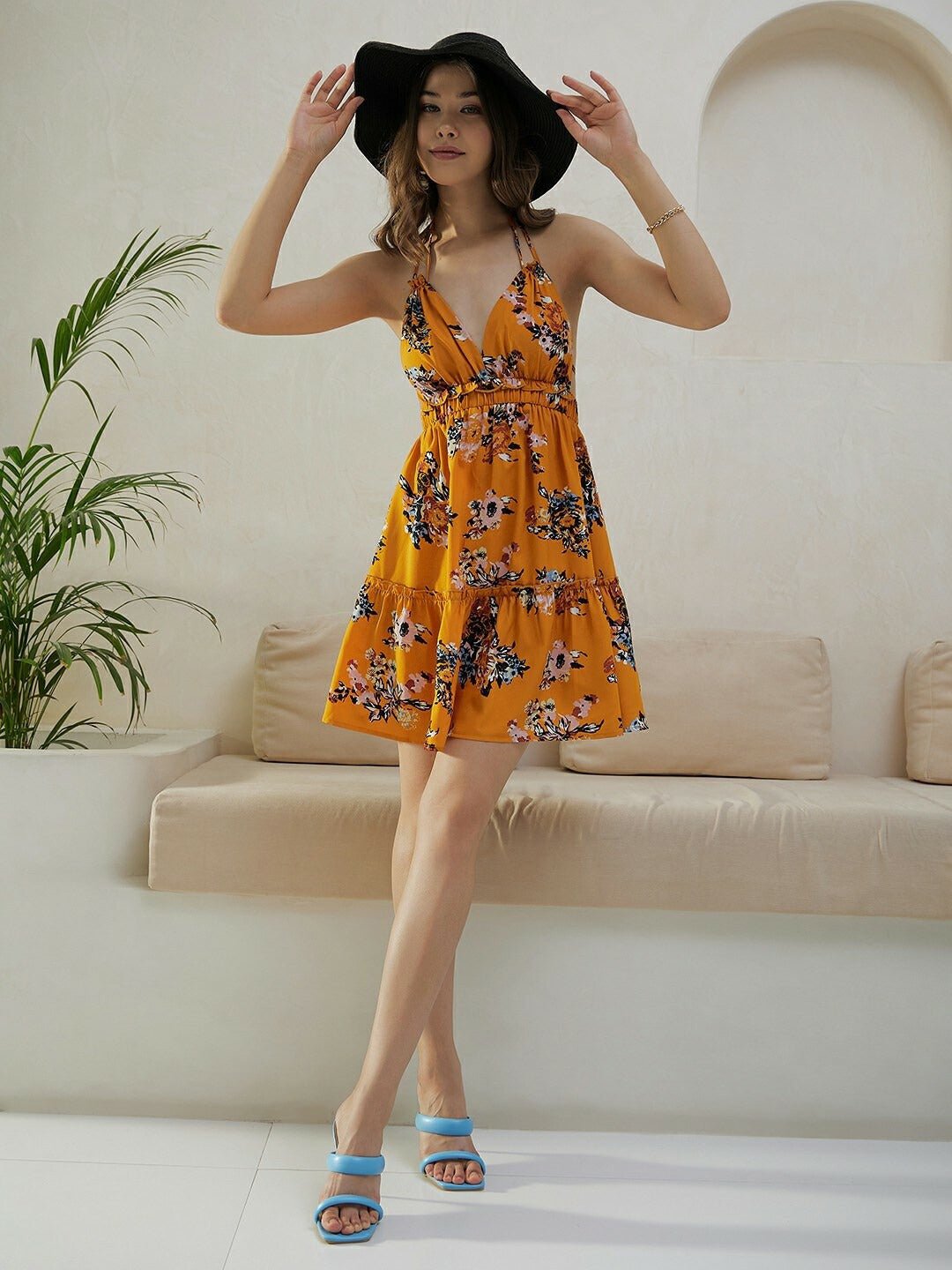 Folk Republic Women Mustard Yellow & Blue Floral Printed Halter Neck Sleeveless Tie-Up Backless Fit & Flare Mini Dress - #folk republic#