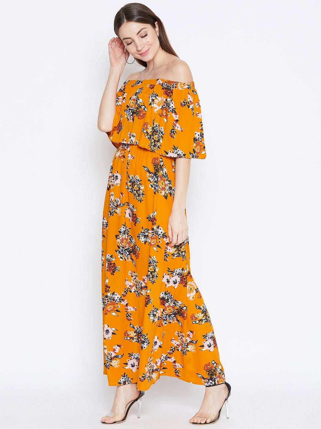 Folk Republic Women Mustard Yellow Floral Printed Off-Shoulder Neck Layered Maxi Dress - #folk republic#