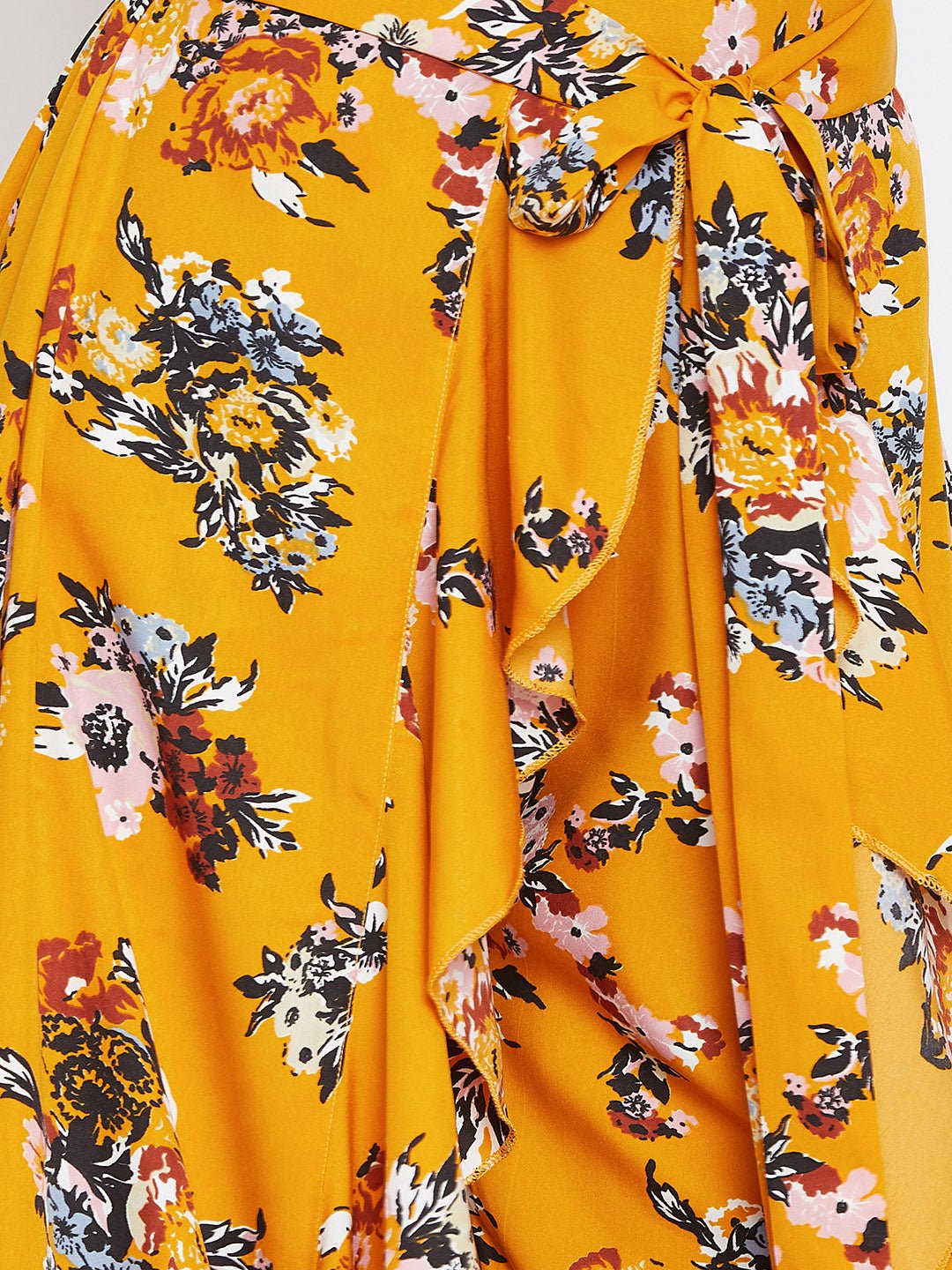 Folk Republic Women Mustard Yellow Floral Printed Ruffled Asymmetrical Hem Maxi Skirt - #folk republic#