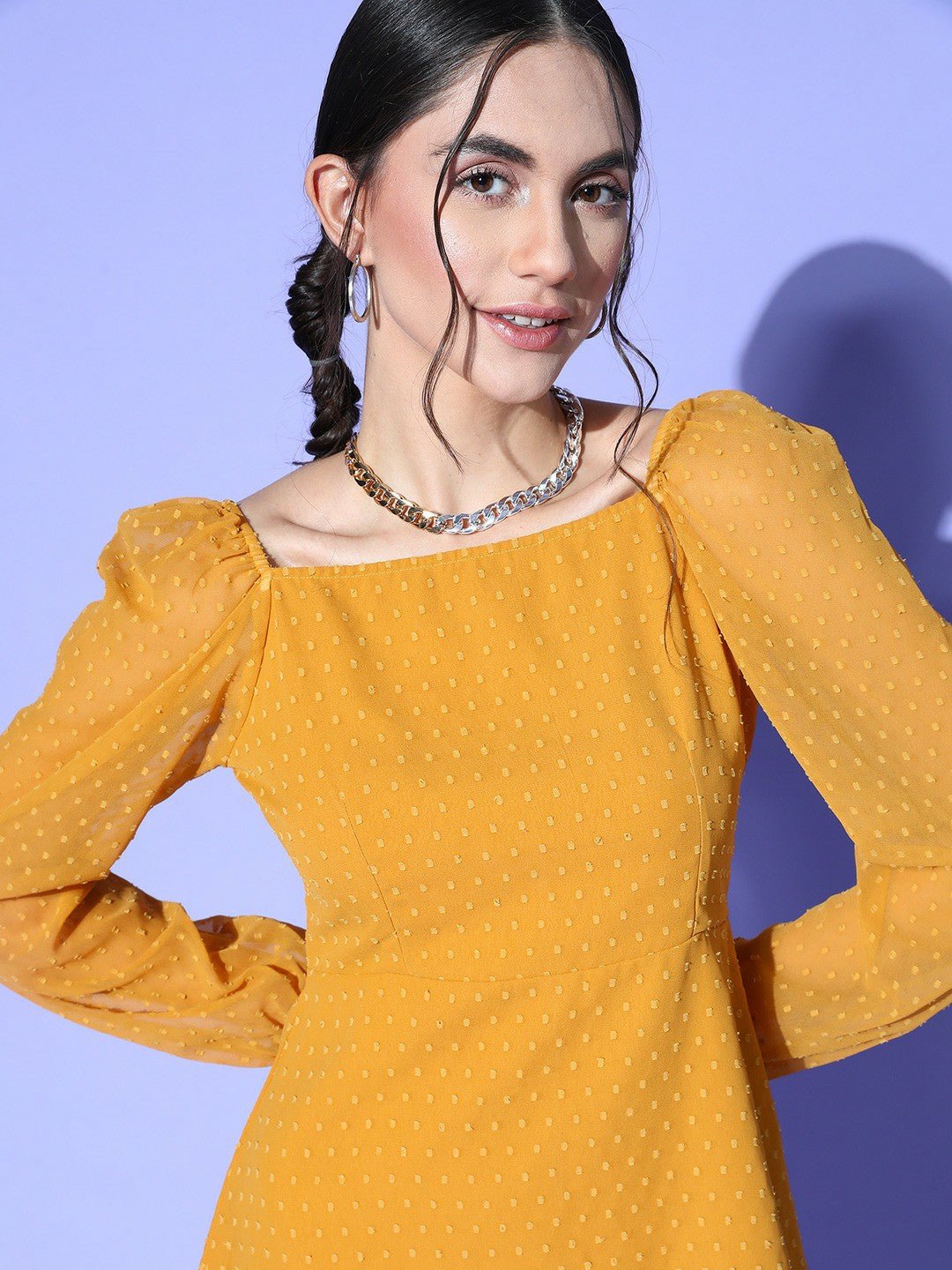 Folk Republic Women Mustard Yellow Self-Design Pattern Square Neck Flared A-Line Mini Dress - #folk republic#