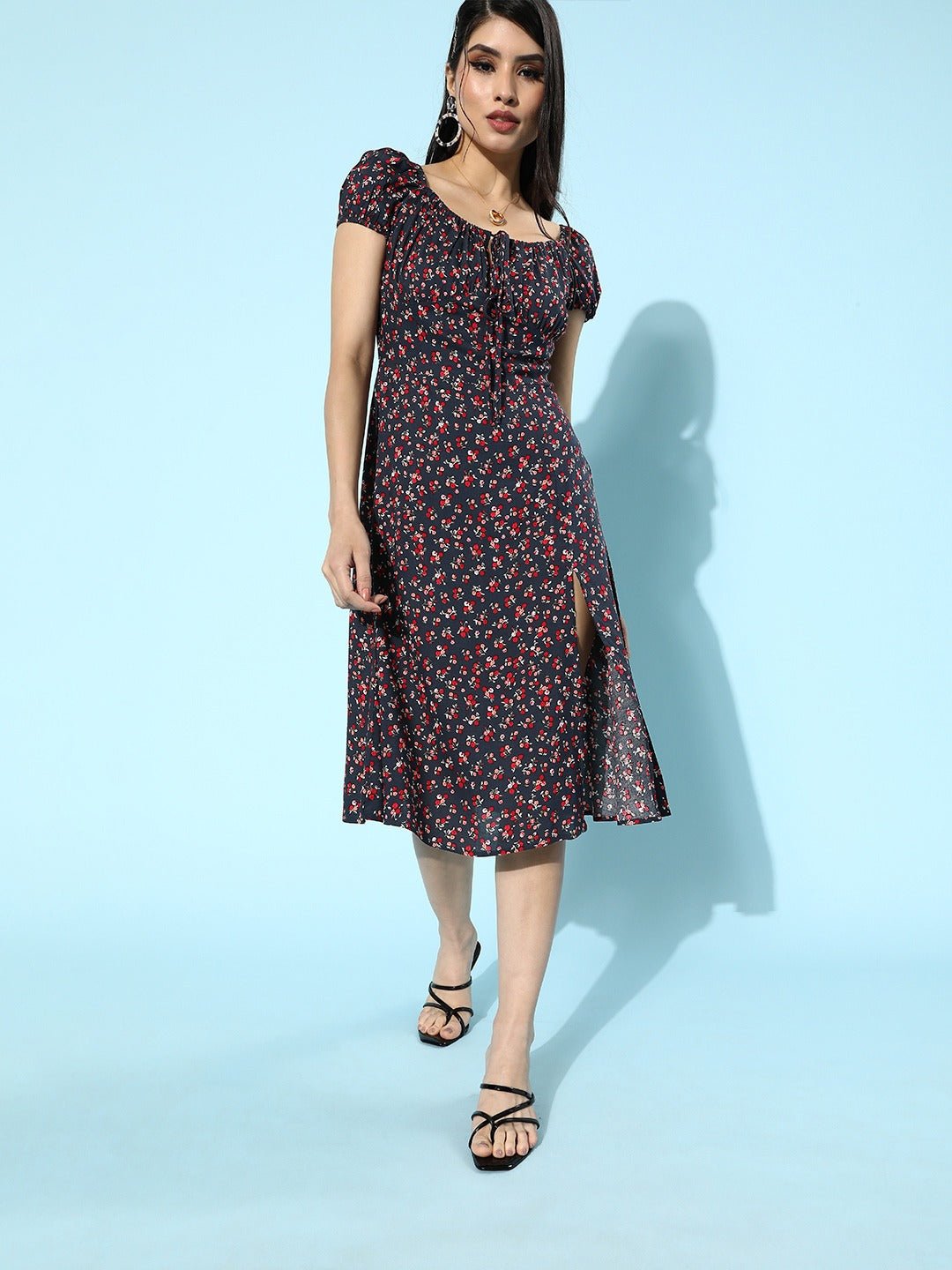 Folk Republic Women Navy Blue Ditsy Floral Printed A-Line Flared Midi Dress - #folk republic#