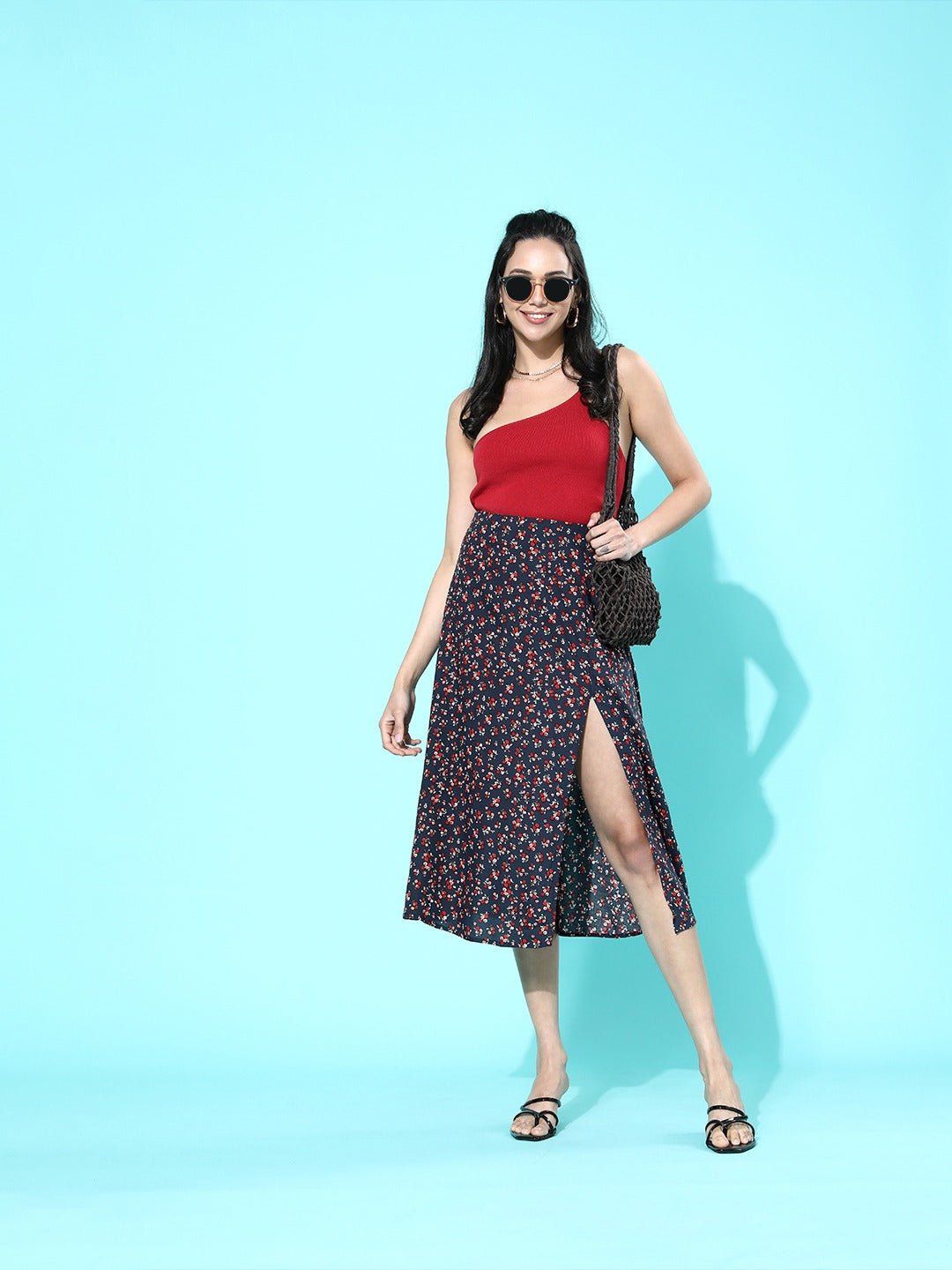 Folk Republic Women Navy Blue Ditsy Floral Printed Thigh-Slit Flared Midi Skirt - #folk republic#