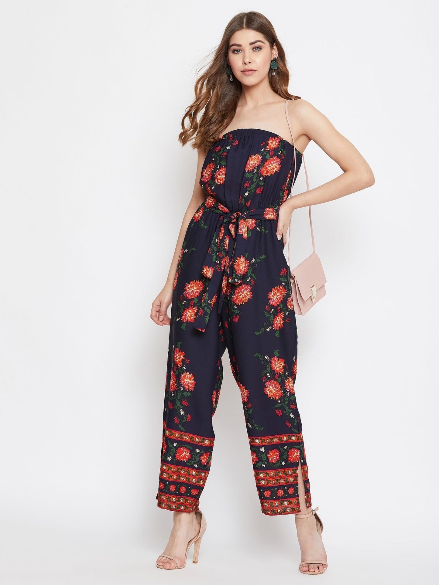 Folk Republic Women Navy Blue Floral Off-Shoulder Waist Tie-Up Jumpsuit - #folk republic#