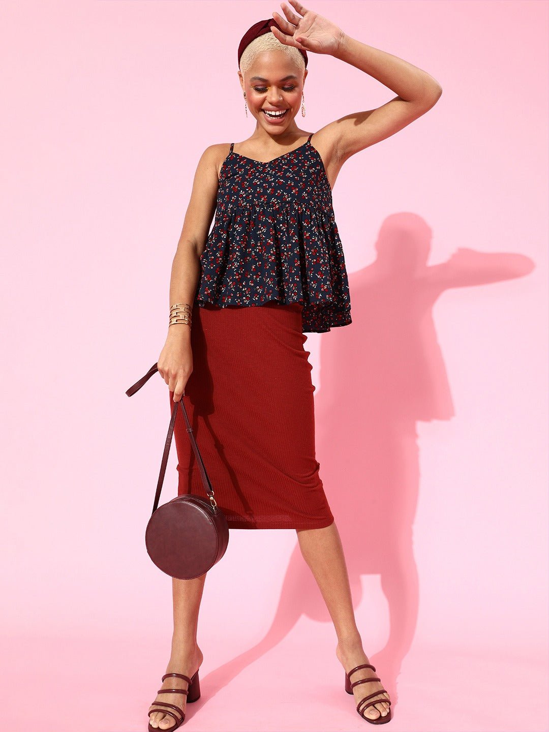 Folk Republic Women Navy Blue Floral Printed Crepe Peplum Top - #folk republic#
