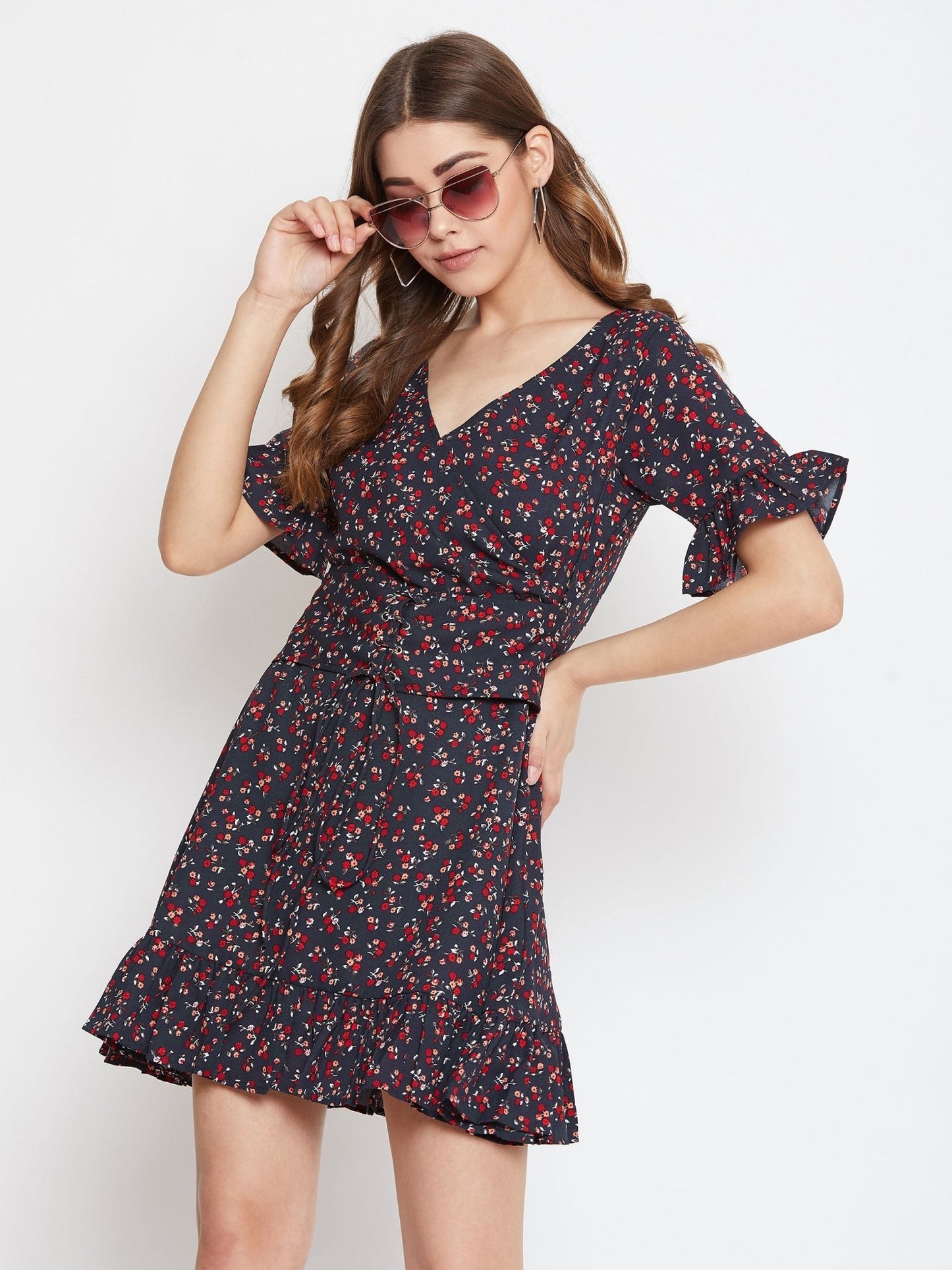 Folk Republic Women Navy Blue Floral Printed Fit & Flare Mini Dress - #folk republic#