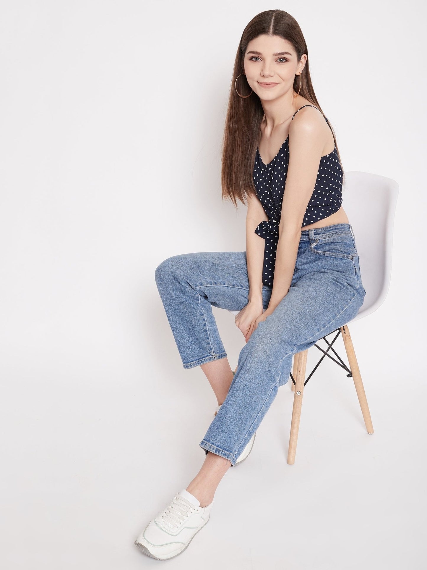 Folk Republic Women Navy Blue Polka Dot Printed Crop Top - #folk republic#