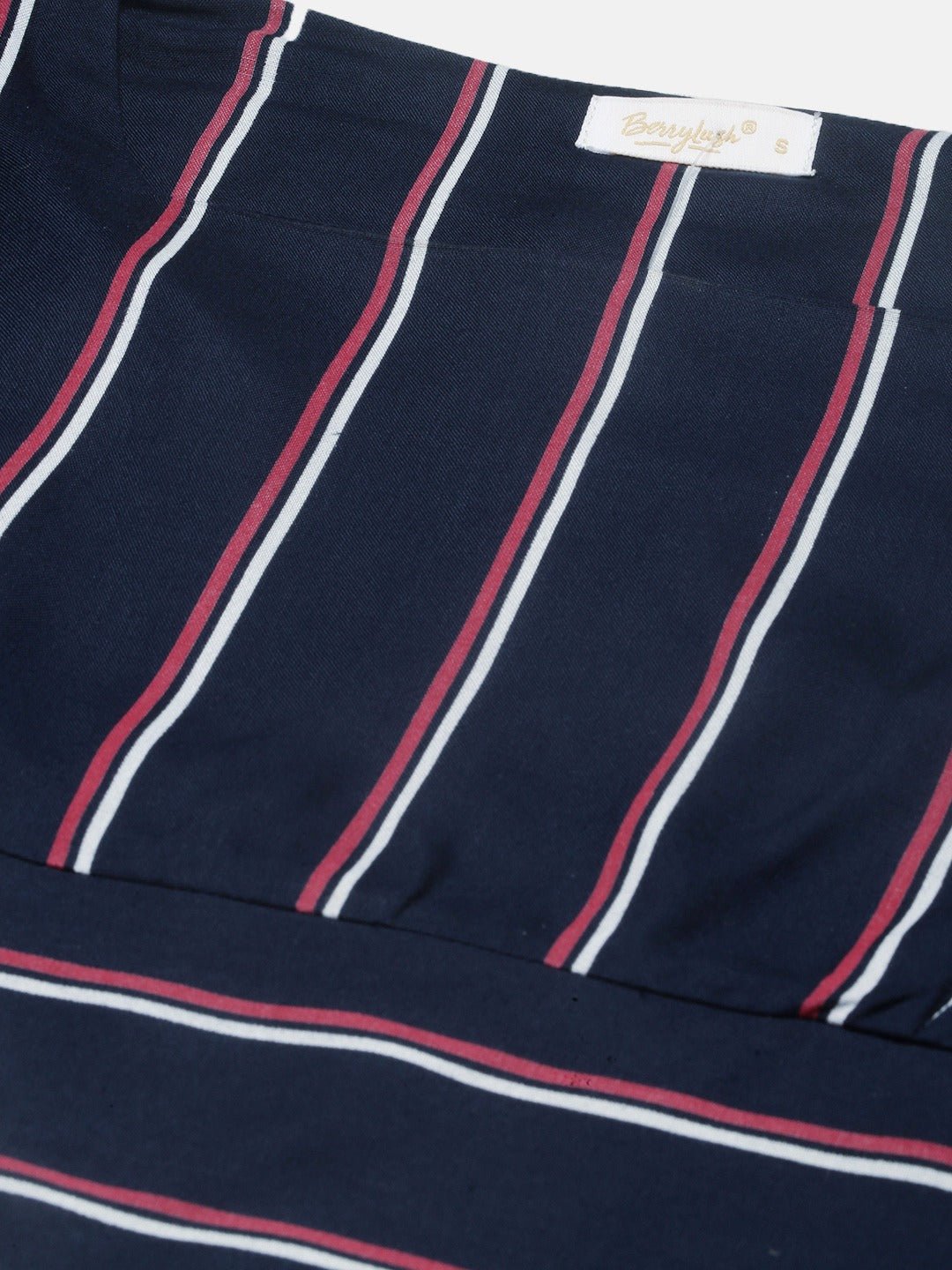 Folk Republic Women Navy Blue & White Striped Print Square Neck Cinched Waist Crepe Crop Top - #folk republic#