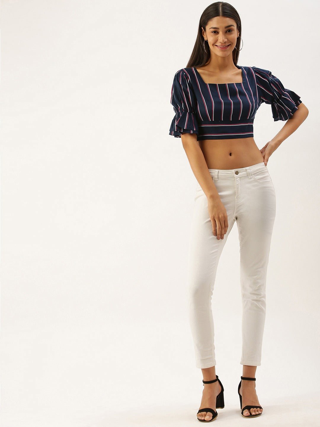 Folk Republic Women Navy Blue & White Striped Print Square Neck Cinched Waist Crepe Crop Top - #folk republic#