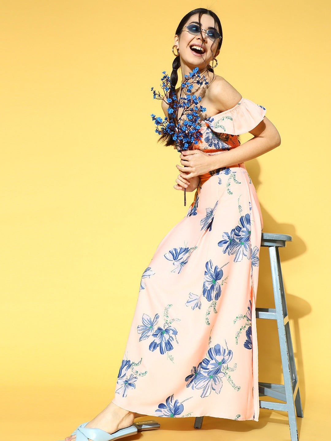 Folk Republic Women Pink & Blue Floral Printed Square Neck Crepe Smocked Co-Ordinate Maxi Dress - #folk republic#